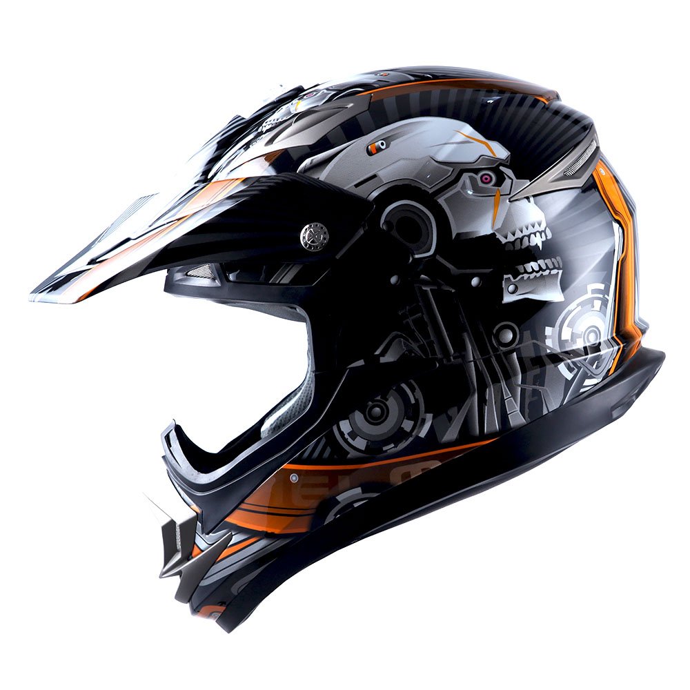 1Storm Adult Motocross Helmet Off Road Mx Bmx Atv Dirt Bike Mechanic + Motorcycle Bluetooth Headset: Skull Orange