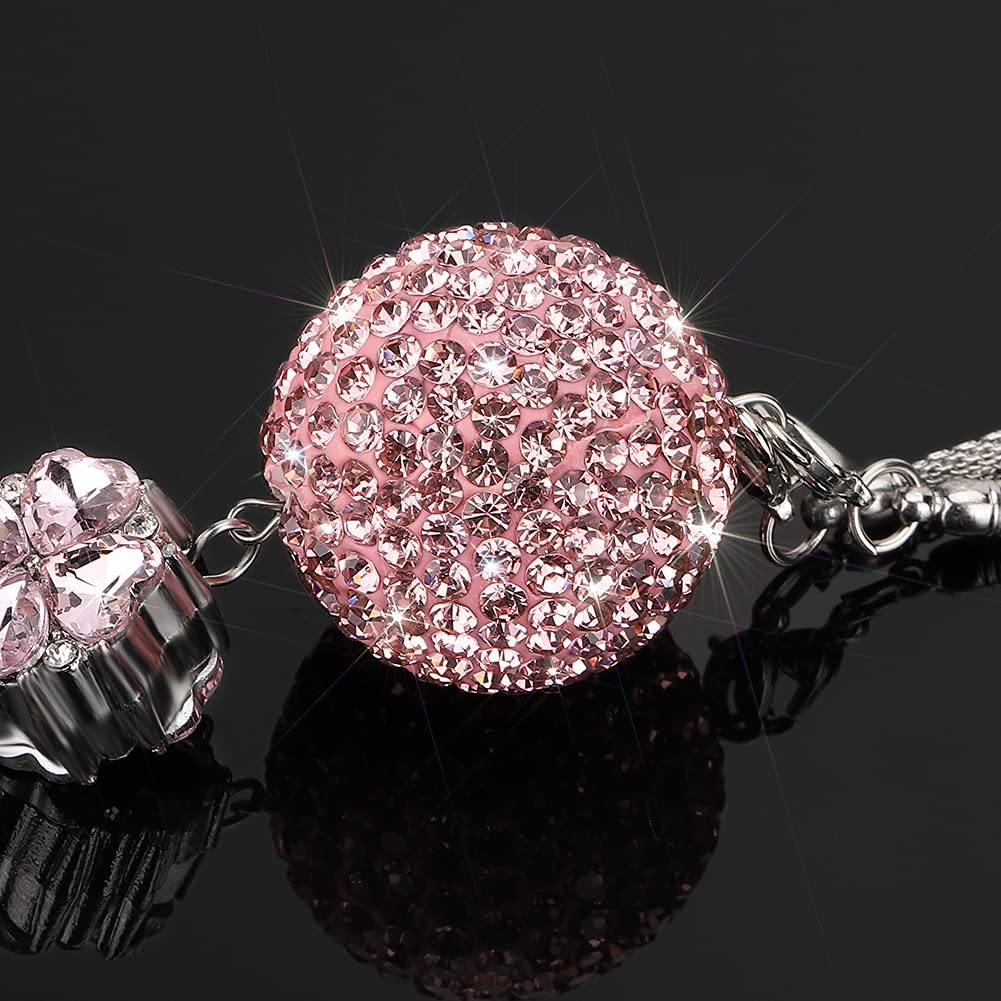 Otostar Bling Crystal Ball And Drops Car Hanging Accessories, Car Rear View Mirror Pendant Charms Interior Sun Catcher Ornament, Bling Car Accessories For Women Girls (Pink)