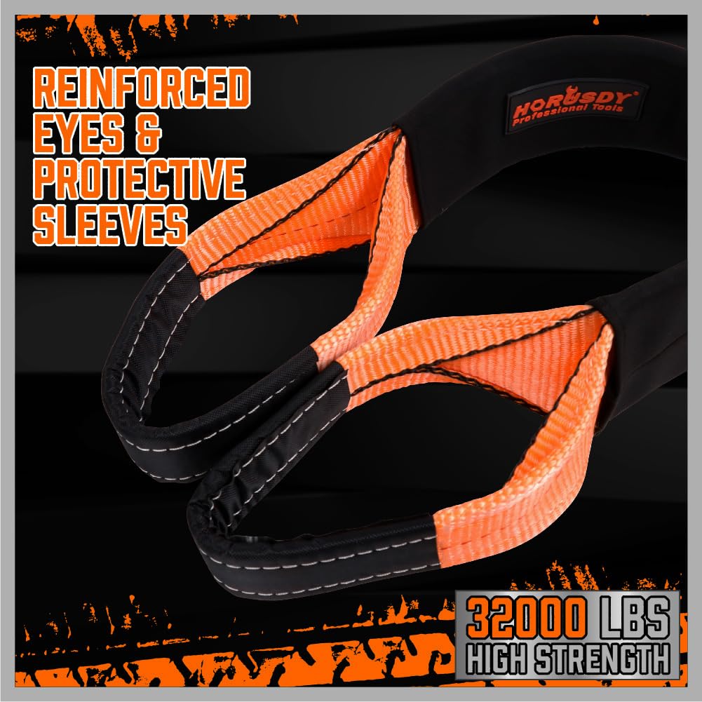 Horusdy Nylon Heavy Duty Tow Strap Recovery Strap With Hooks 3'' X 30Ft - 32,000 Lbs Break Strength, 3/4 D Ring Shackles (2Pcs),