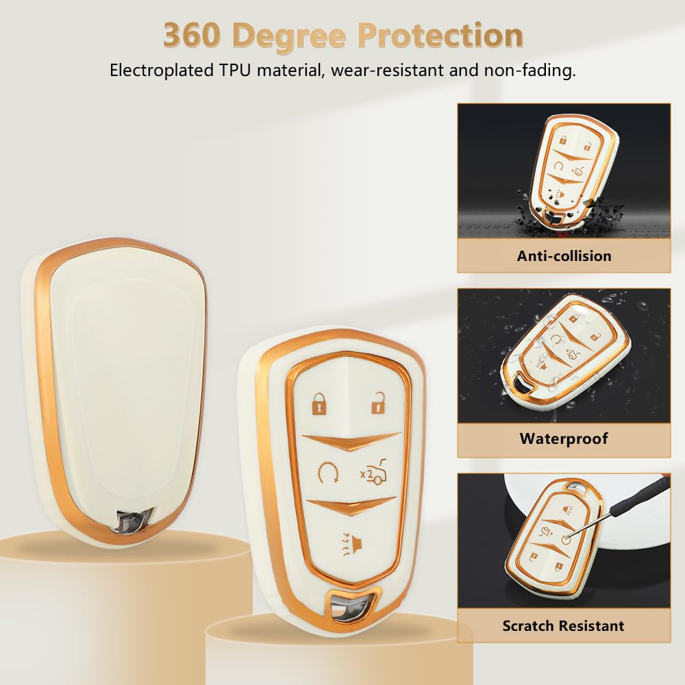 Pifoog Key Fob Cover Accessories For Cadillac Premium Tpu Keys Case Shell Keychain For Cadillac Xt5 Xt6 Xt4 Cts Ct6 Ats Srx Xts Smart Key Covers White Gold Girly Women