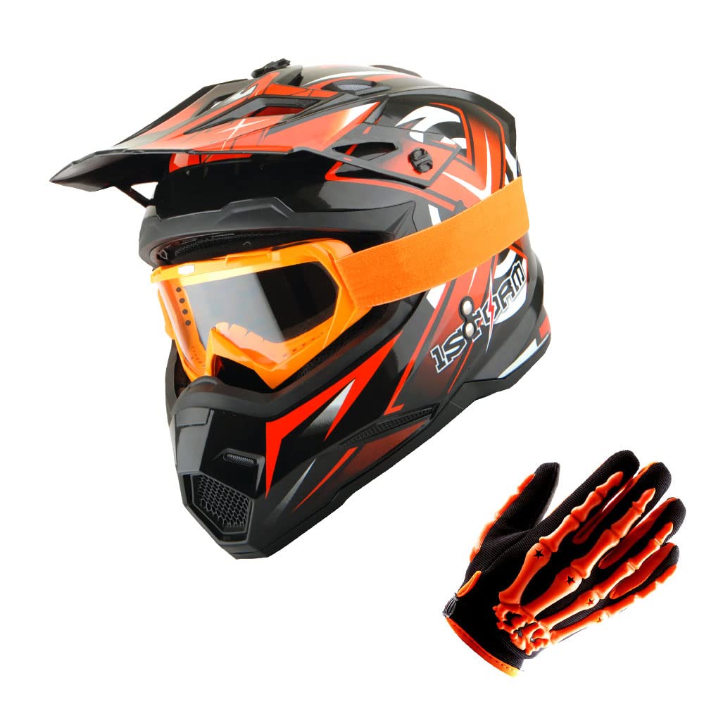 1Storm Motocross Adult Helmet Bmx Mx Atv Dirt Bike Helmet Racing Orange + Goggles + Skeleton Orange Glove Bundle