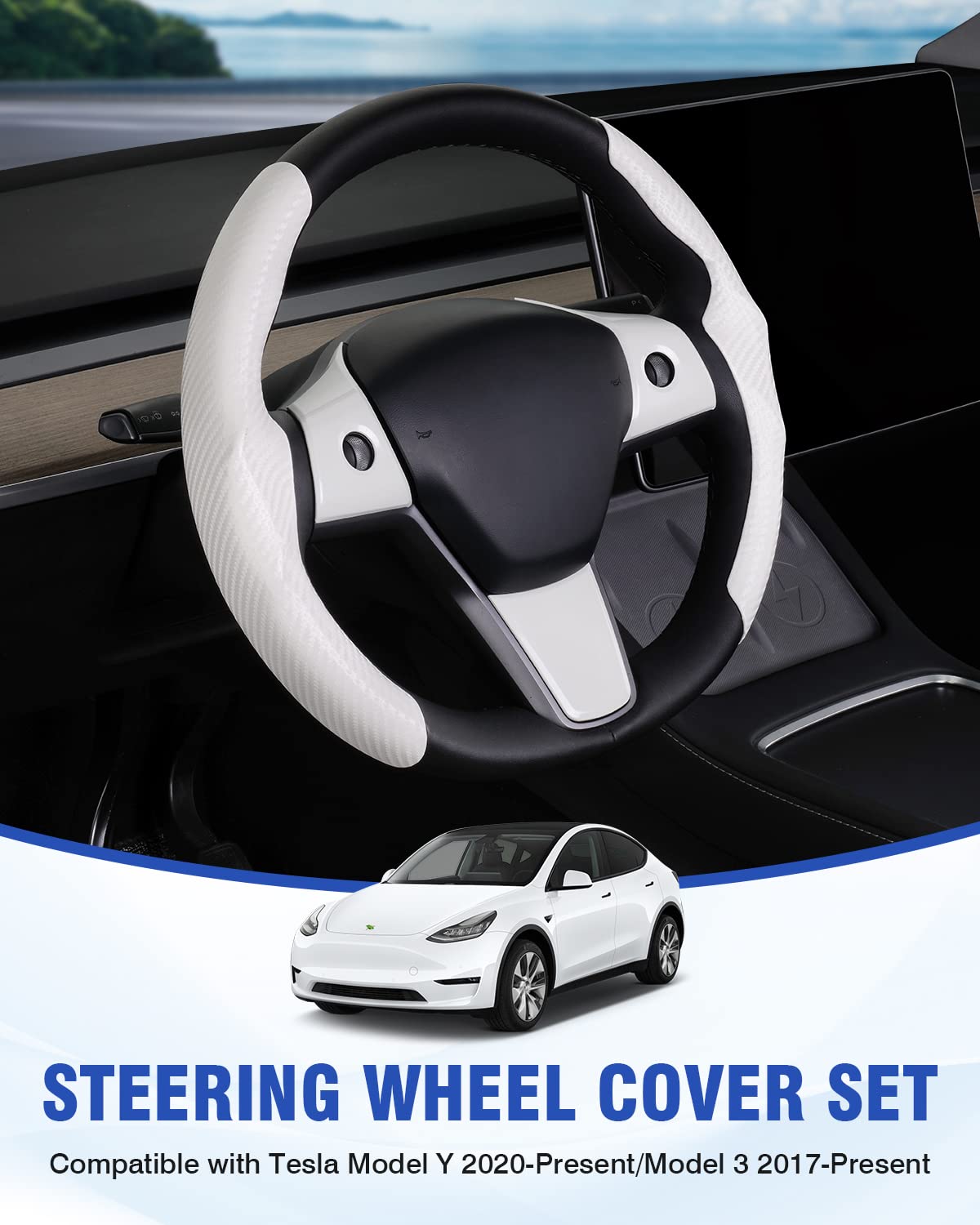 Canvcle Steering Wheel Cover For Tesla Model 3/ Model Y Carbon Fiber Steering Wheel Wrap Kit Anti-Slip Steering Wheel Trim Prote