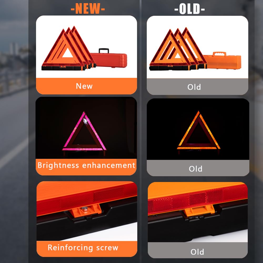 YuBoQi(3PK) Reflective Warning Road Safety Triangle Kit ROAD Emergency Triangle Sign DOT Approved for Truck,LED Road Flares 49 C