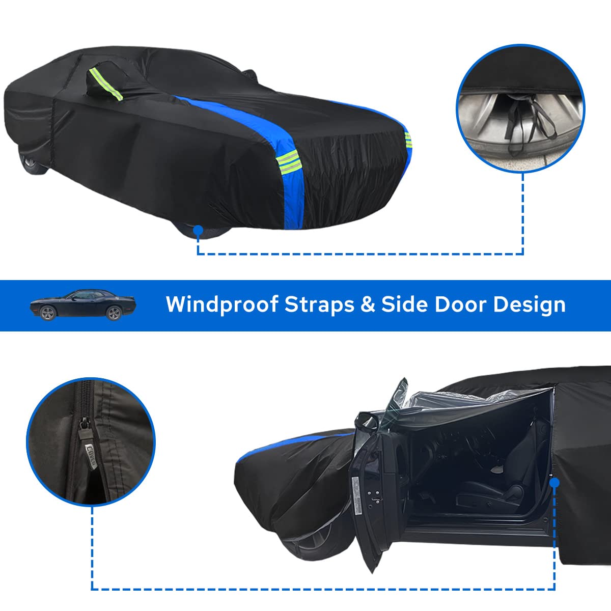 Avecrew Dodge Challenger Car Cover Waterproof All Weather For Automobiles, Outdoor Full Exterior Covers Fit 2008-2022 Dodge Challenger With Windproof Strap And Driver Door Zipper