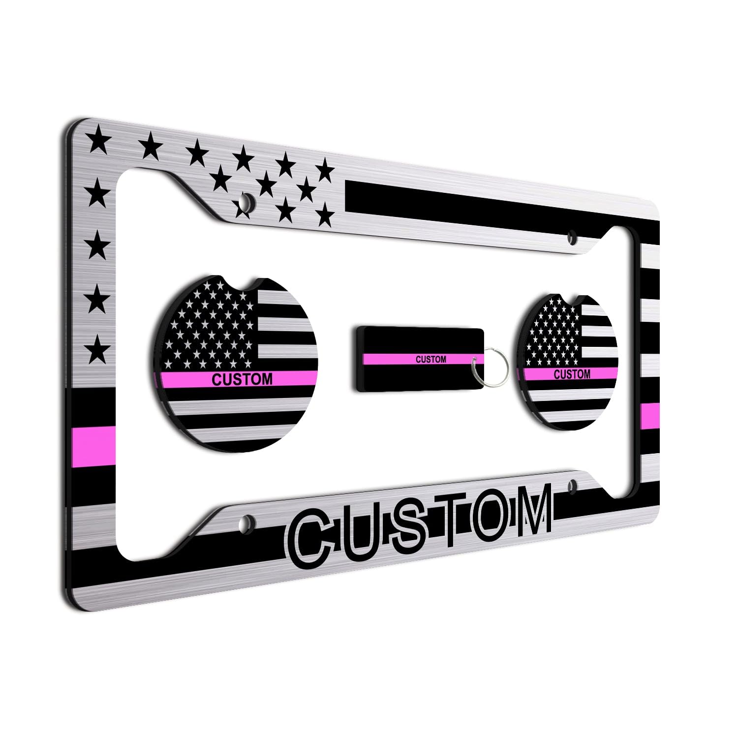 Thin Pink Line - Personalized American Flag License Plate Frame + 2 Coasters And A Keychain