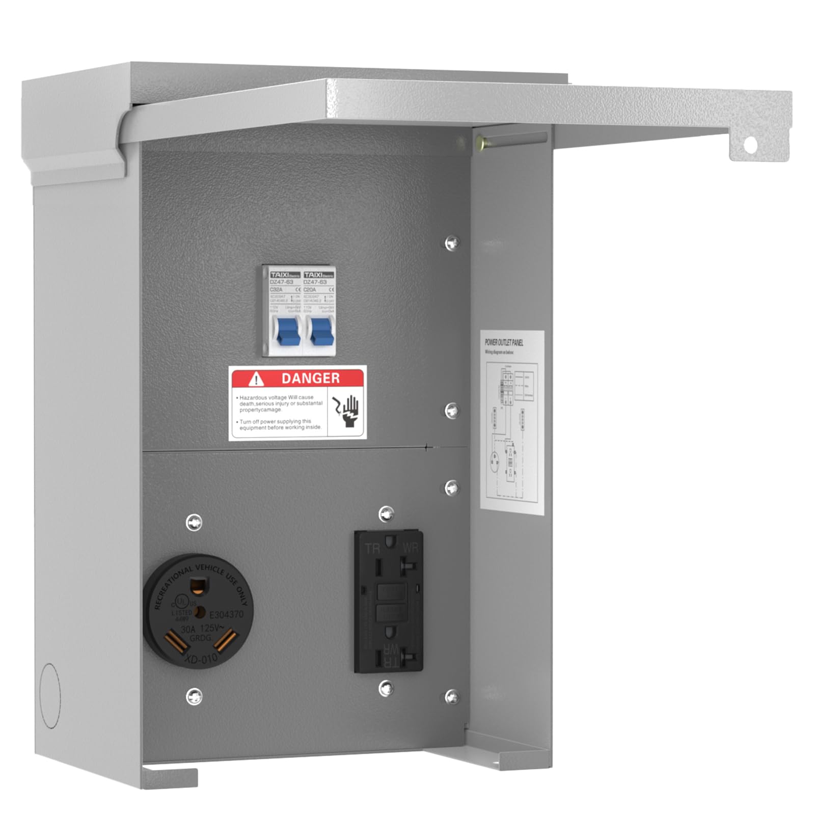 Perpending RV Temporary Power Outlet Panel with Breaker, ETL Listed 20 30 Amp RV Box, RV Electrical Panel,Prewired, Weatherproof