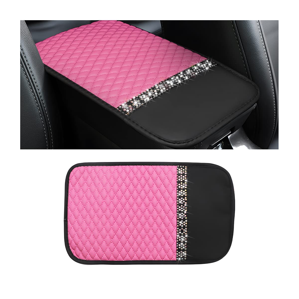Bling Leather Car Center Console Cover, Car Center Console Protector With Glossy Crystal Rhinestone, Universal Waterproof Car Armrest Seat Box Cover For Most Car, Vehicles, Suvs, Trucks (Pink)