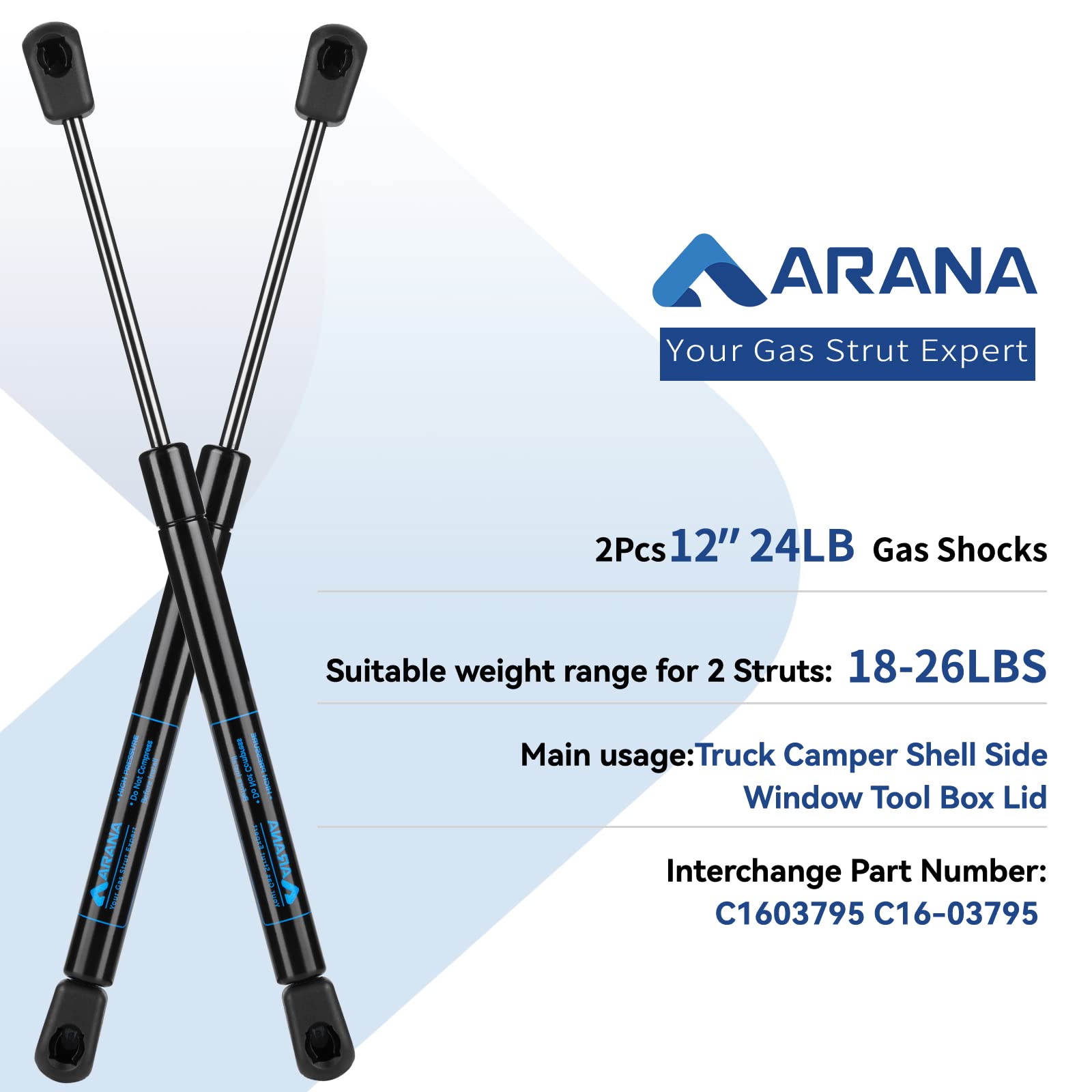 Arana C16-03795 Gas Struts 12 Inch, C16-09903 12 Inch 24Lb/107N Gas Shock Spring Lift Supports For Leer Are Camper Shell Topper