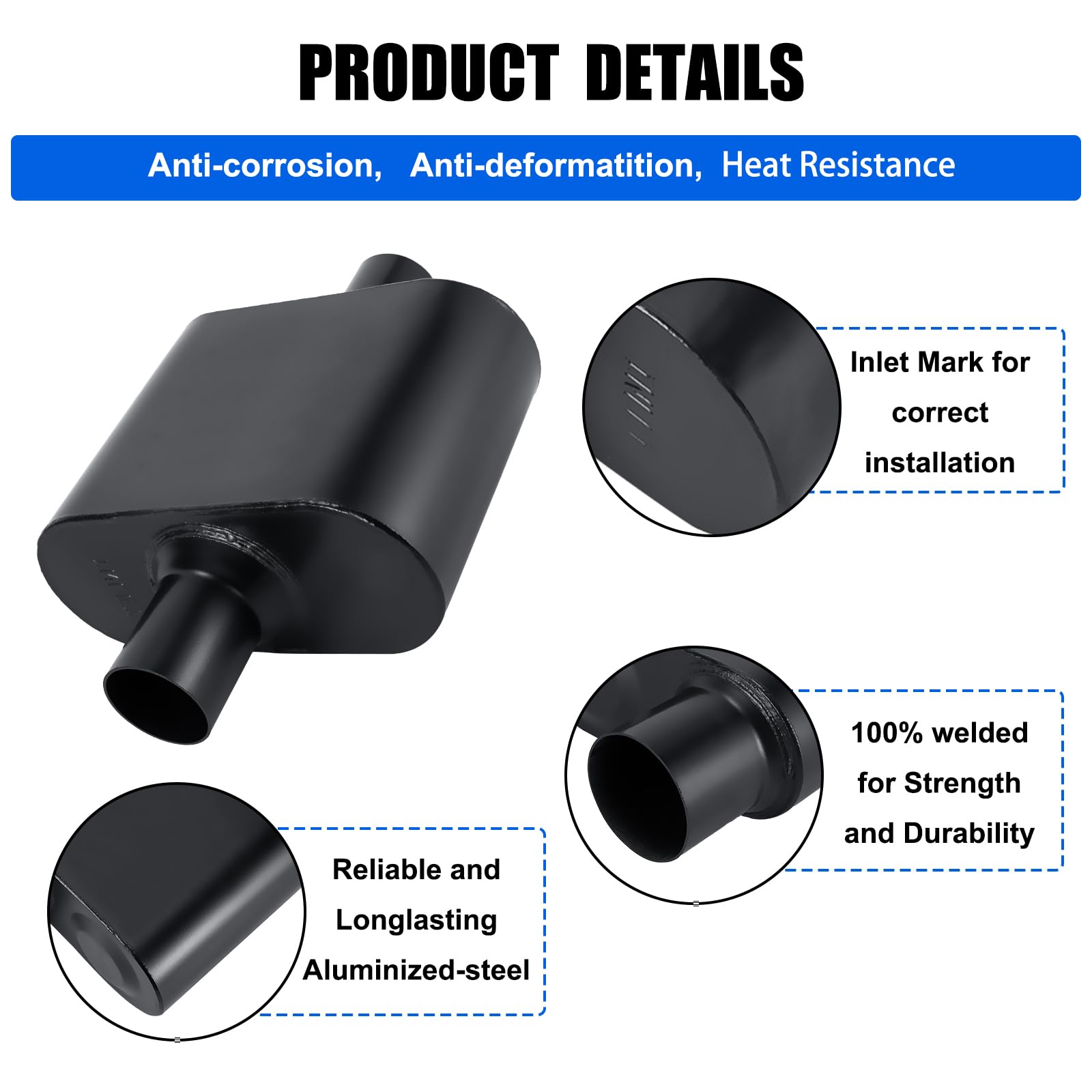 Floshine Universal Mufflers,Performance Automotive Exhaust Muffler,Single Chamber 2.75 Inch Inlet (Id) 2.75 Inch Outlet (Id) Bla