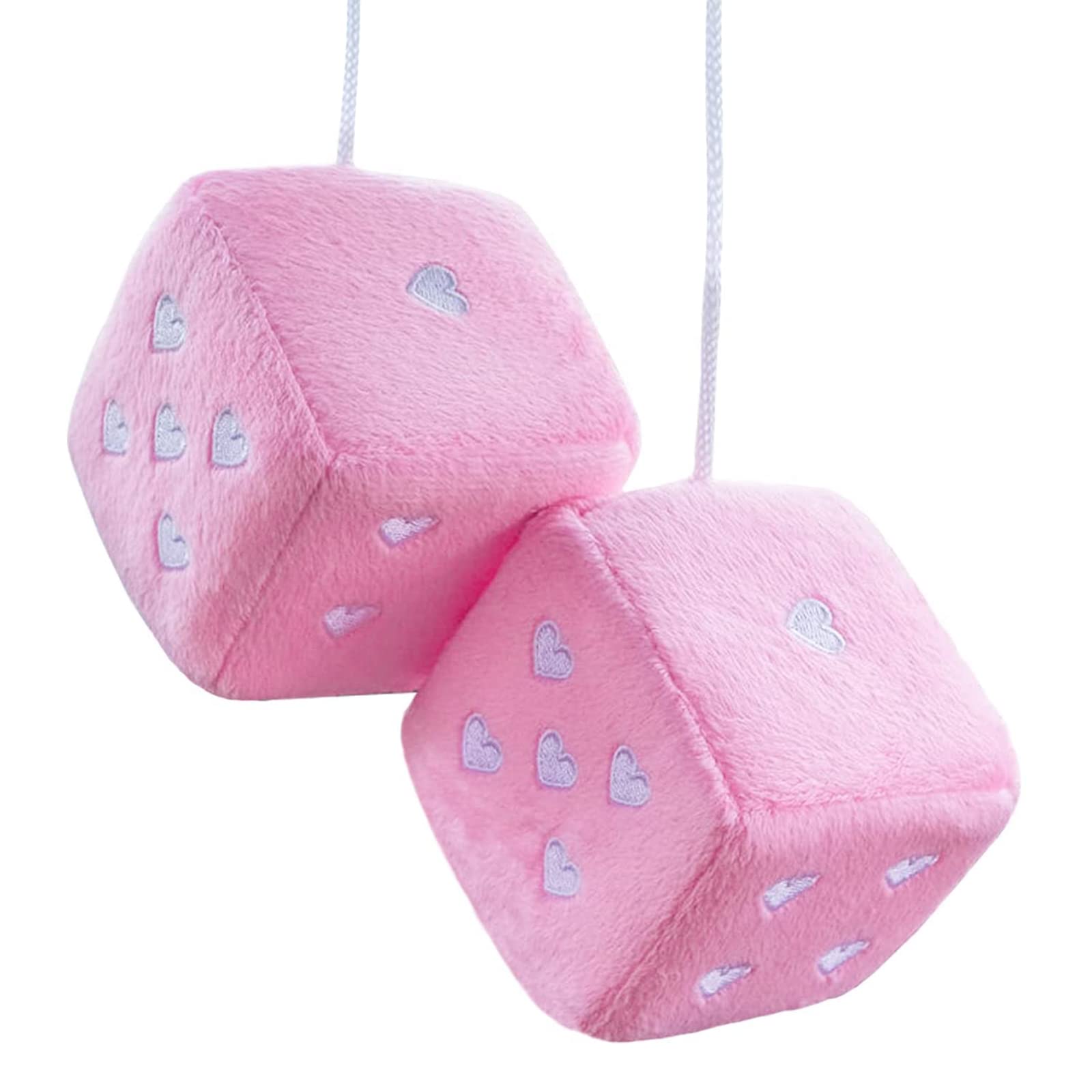 Pair 3    Pink Fuzzy Plush Dice Heart Shape Decor for Car Rearview Mirror, Retro Square Decoration Dice for Car Hanging Accessor