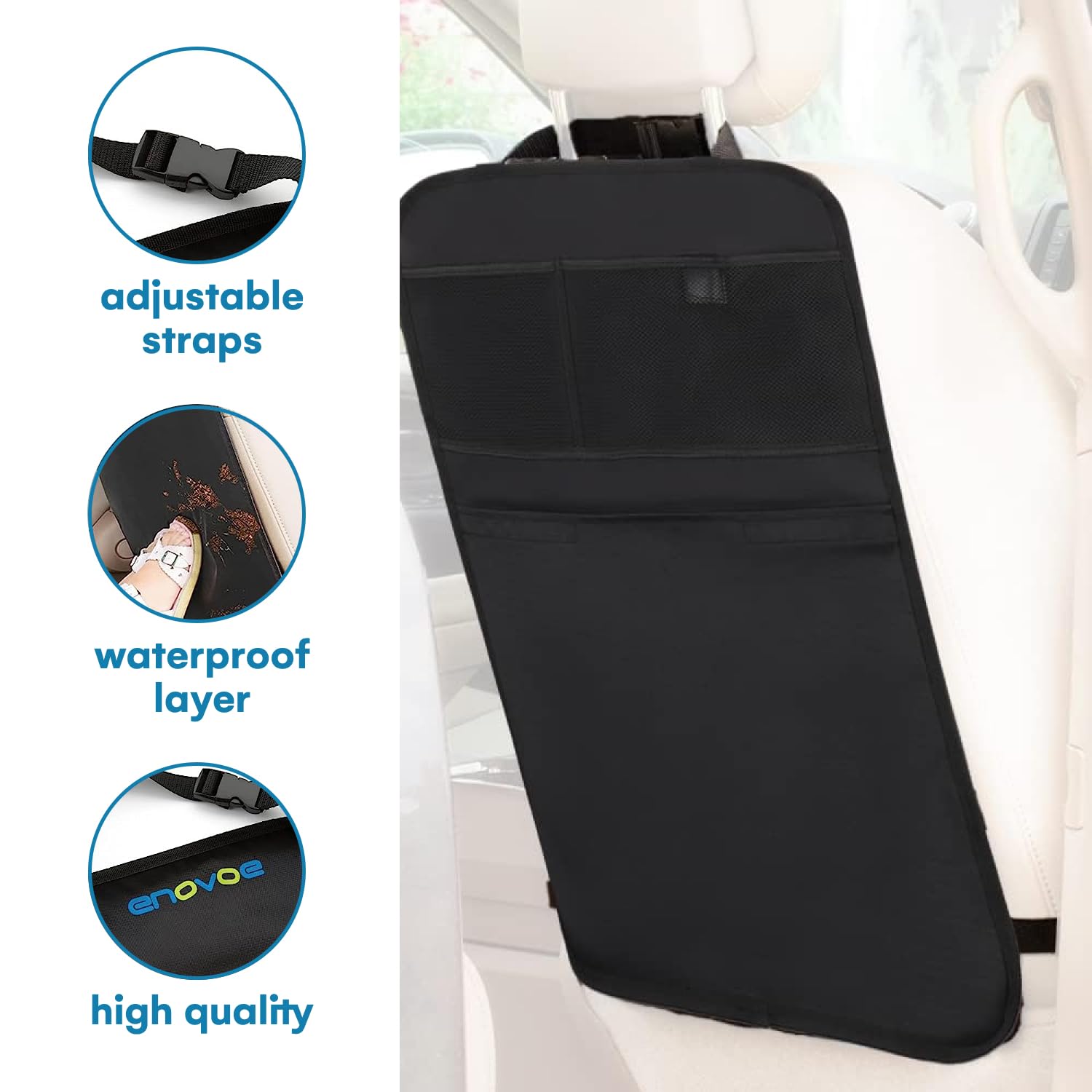 Enovoe Kick Mats Back Seat Protectors For Vehicles - 2-Pack Car Seat Back Cover With Multi-Pocket Storage Organizer - Durable Ba