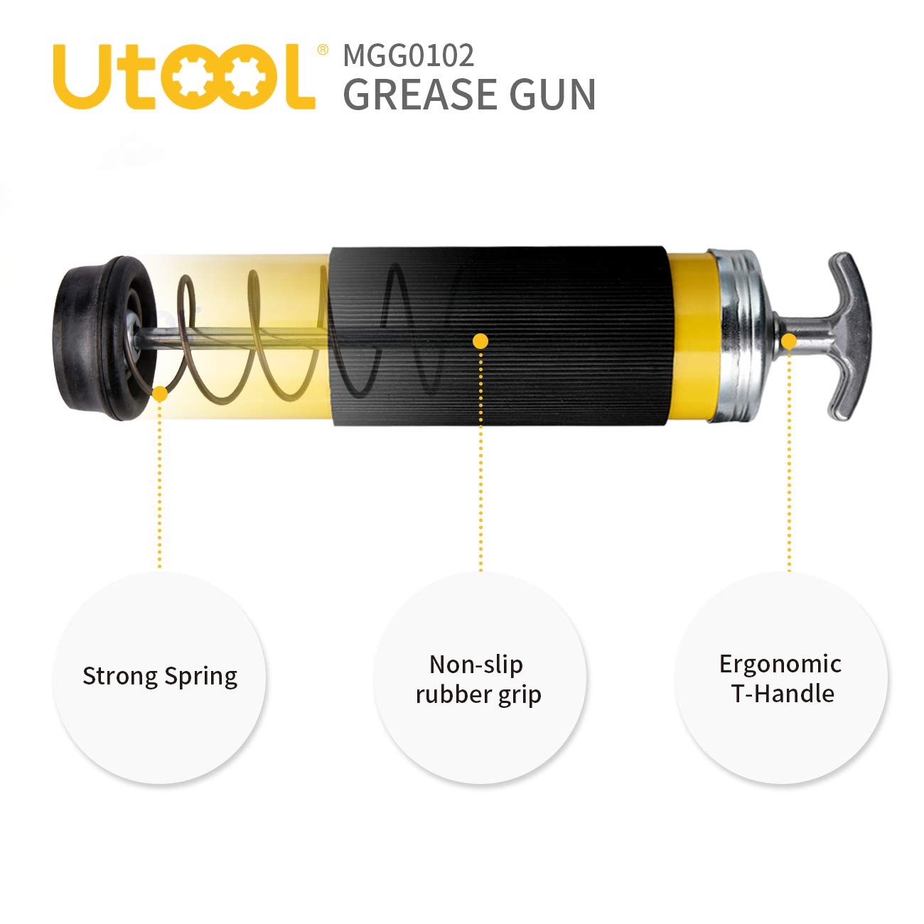Utool Grease Gun, 8000 Psi Heavy Duty Pistol Grip Grease Gun Set With 14 Oz Load, 18 Inch Spring Flex Hose, 2 Working Coupler, 2