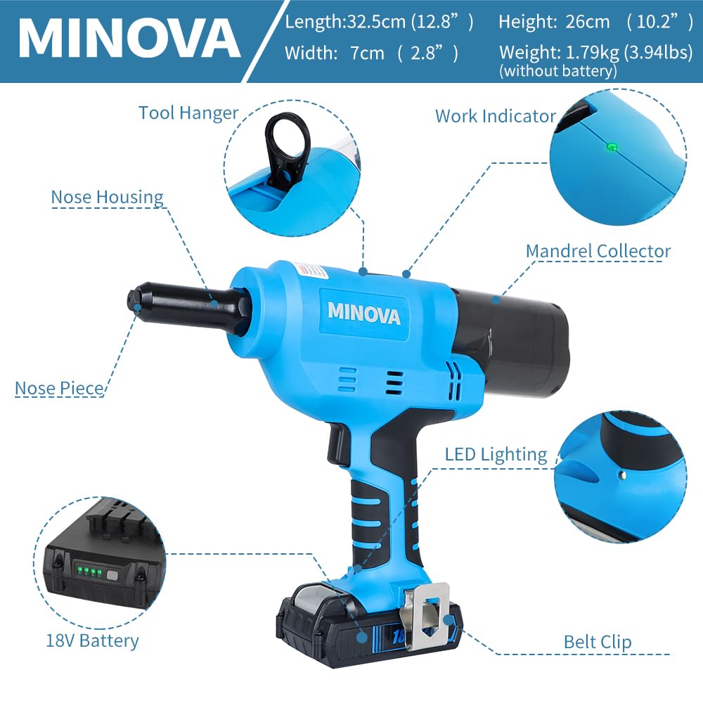 MINOVA 18V Brushless Rivet Gun KD-02X+ Battery Rivet Tool compatible with 1/4''(6.4mm) stainless steel rivets with Battery (2 pc