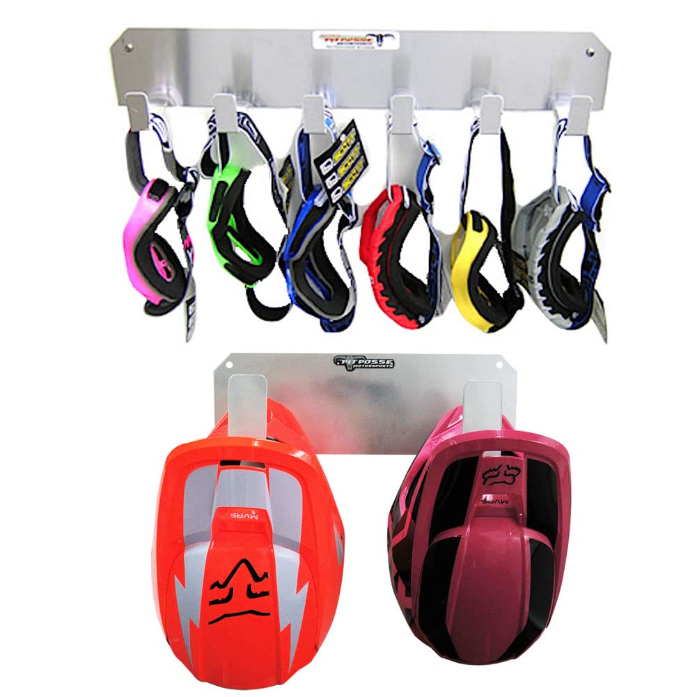 Pit Posse Pp3350S Dual Helmet Rack And Goggle Rack 6 Mount Hanger Organizer Holder - Made In Usa - Motorcycle Mx Offroad Dirt Cabinet Shop Garage Enclosed Race Car Trailer Storage Accessory (Silver)