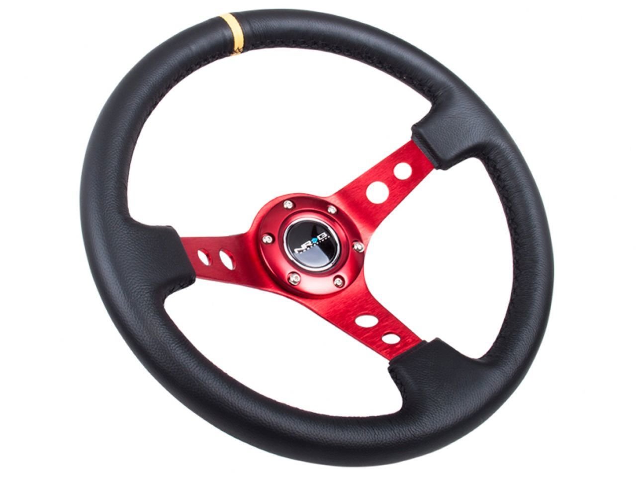 NRG Innovations NRG-RST-006RD-Y Reinforced Steering Wheel - 350mm Sport Steering Wheel (3&quot; Deep) - Red Spoke with Round holes, Black Leather, Yellow Center Mark