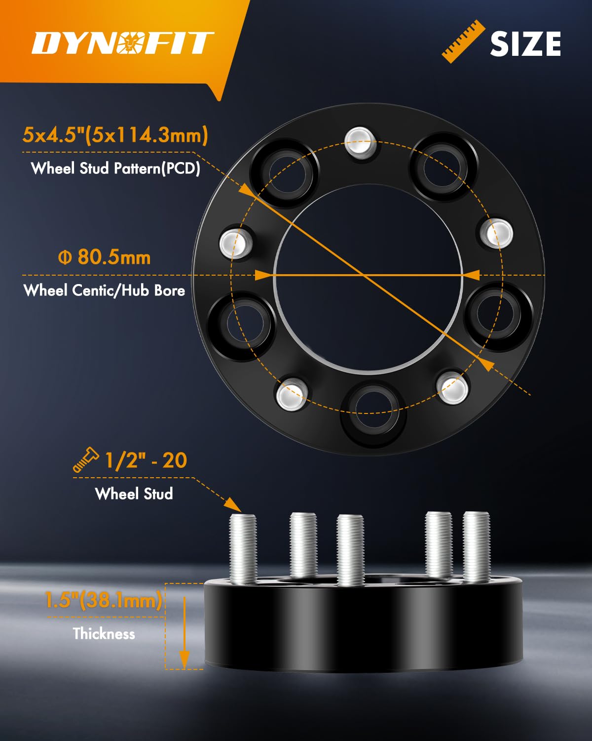 Dynofit 5X4.5 Wheel Spacers Compatible With Jeep Xj Kj Kk Tj Zj Kj Kk, 4Pcs 5X114.3 1.5''(38Mm) 80.5Mm 1/2''-20 Studs 5 Lugs For