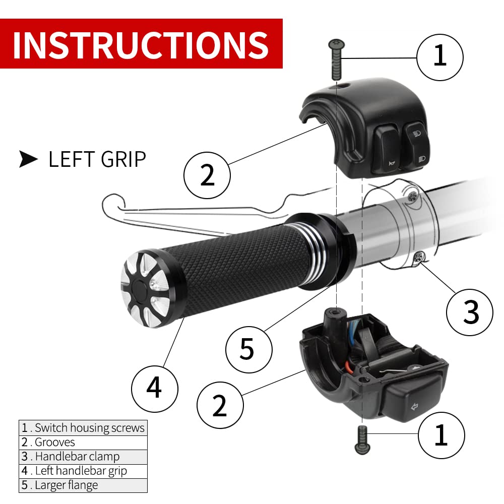 KICRY 1 Motorcycle Hand Grips Black Chrome Handlebar Grips Compatible with Harley Touring Honda Yamaha Suzuki Kawasaki (BK-3ci