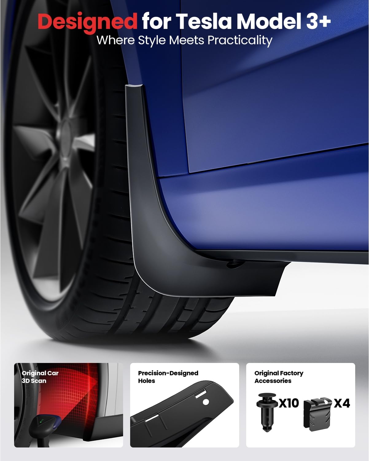 Reevaa 2025 Tesla Model 3 Highland Accessories - Mud Flaps [No Drilling Required] All-Weather Mud Guard Body Kits For Model 3 Hi