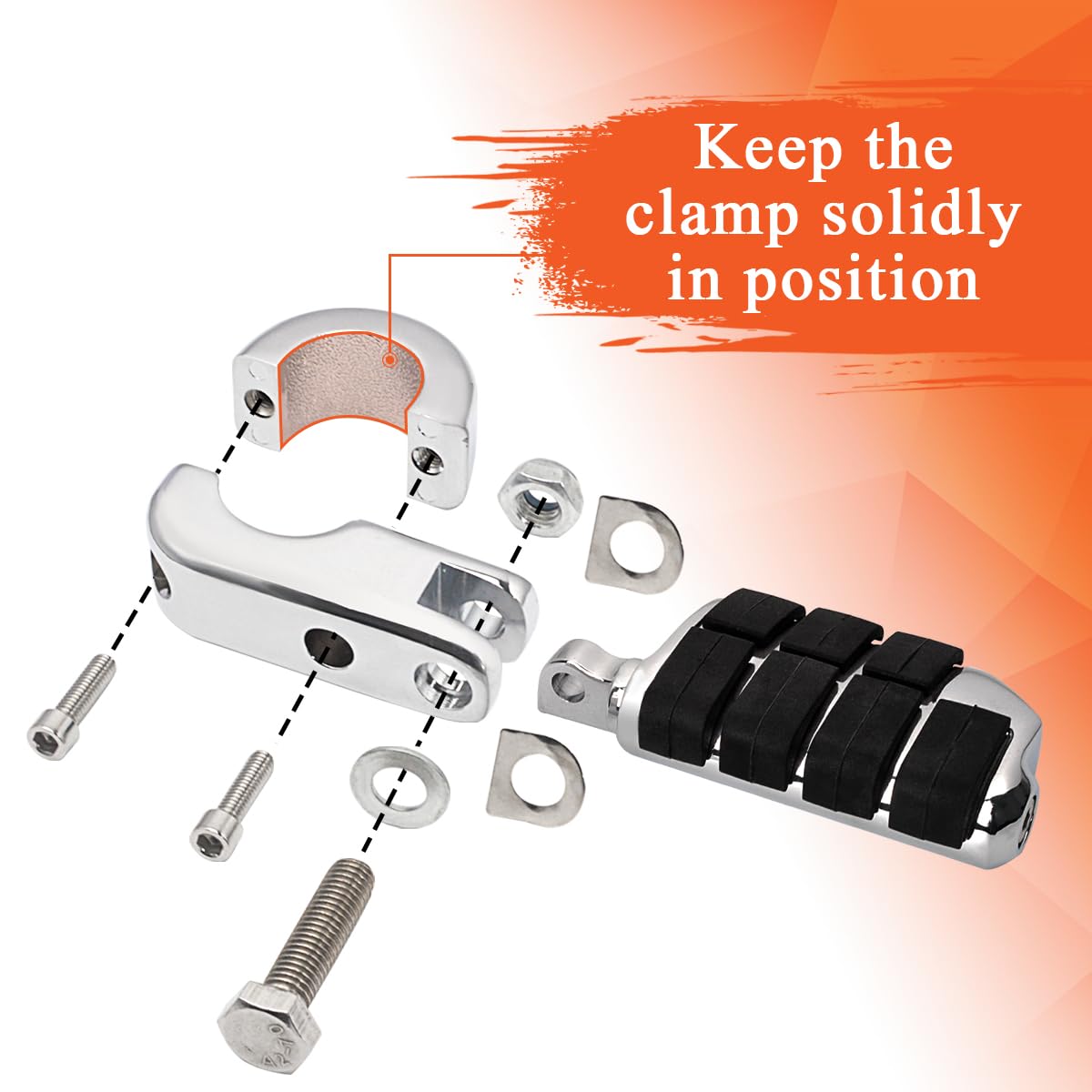 Fovplue 1.25' Highway Footpegs, Adjustable Footrest W/Mounting P-Clamps For Harley Touring Softail Dyna Sportster Honda Kawasaki Suzuki Yamaha Indian Victory With 1-1/4' Engine Guard/Tubing, Chrome#3