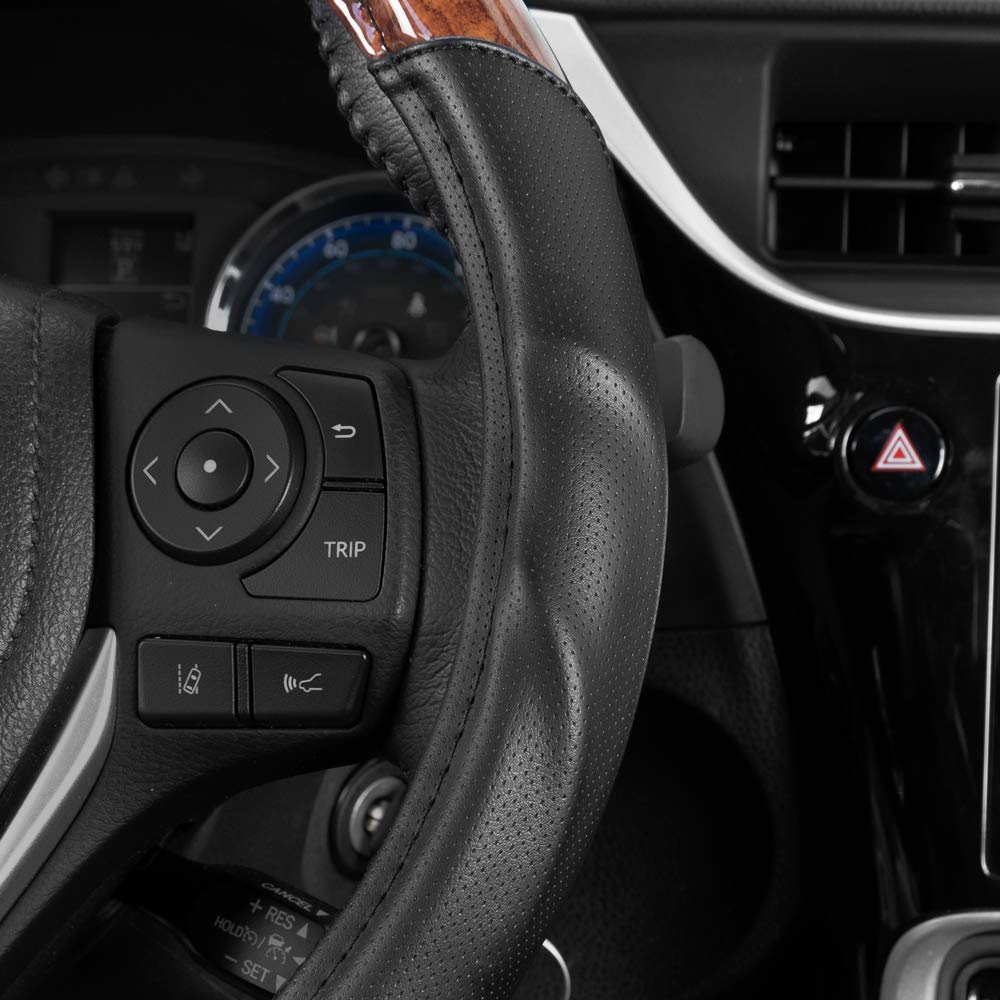 Bdk Dark Wood Grain Steering Wheel Cover With Black Faux Leather Comfort Grip, Standard 15 Inch Size, Car Steering Wheel Cover F
