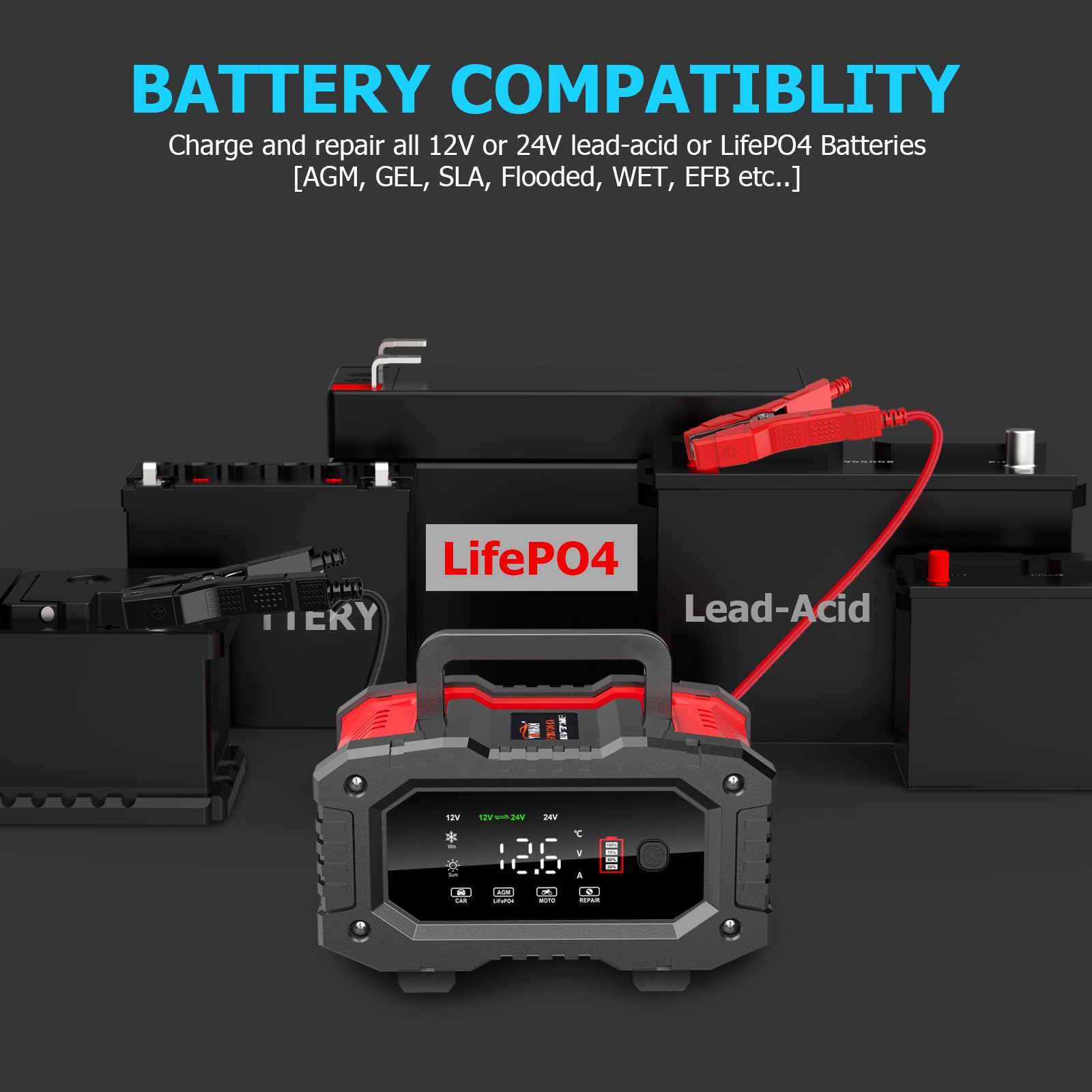 Yonhan Battery Charger 0-20A 12V/24V Lifepo4 Lead Acid Fully Automatic Battery Maintainer, Car Battery Trickle Charger Automotiv