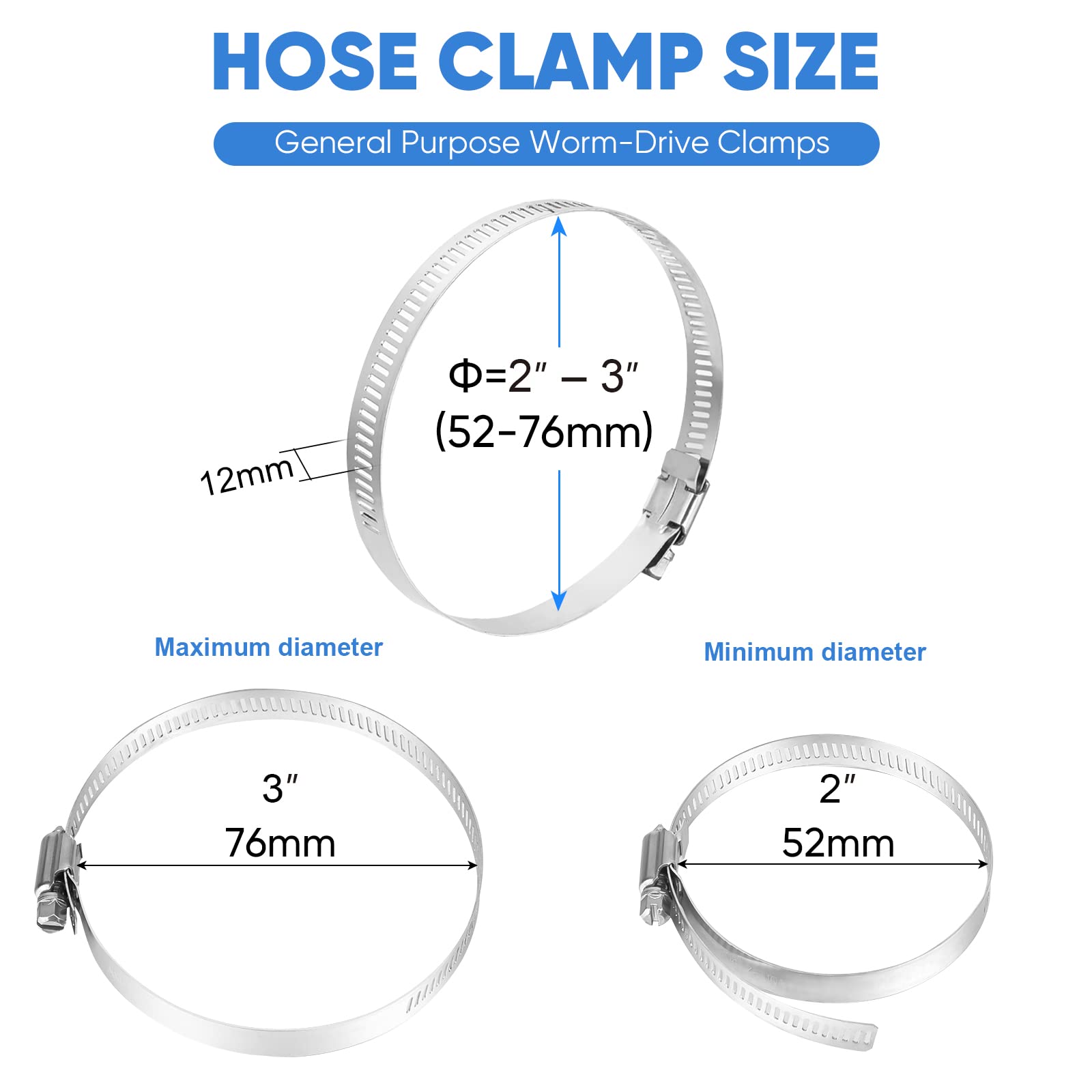 Ticonn 12Pcs Hose Clamp Set - 2 ' '-3 ' ' 304 Stainless Steel Worm Gear Hose Clamps For Pipe, Intercooler, Plumbing, Tube And Fu