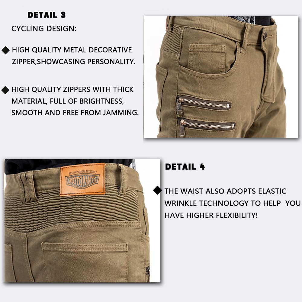 Lomeng Motorcycle Riding Pants Motorbike Motocross Cycling Jeans Safety Ce Knee Hip Removable Armored All Seasons For Men Khaki 30