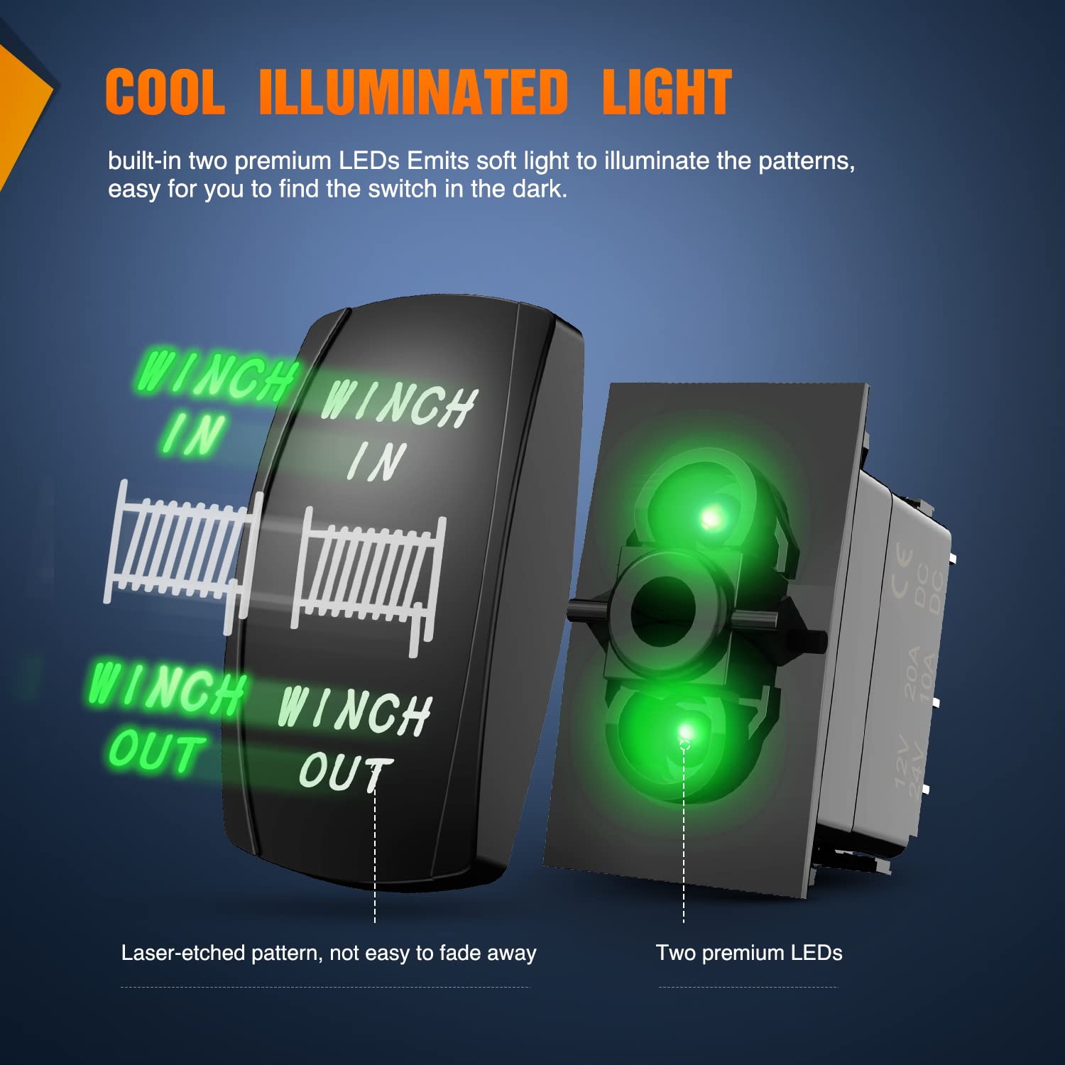 Nilight Winch Rocker Switch Momentary Toggle On-Off-On Dpdt 7Pin 12V 24V Jumper Wires In Out Switches Green For Cars Trucks Cara