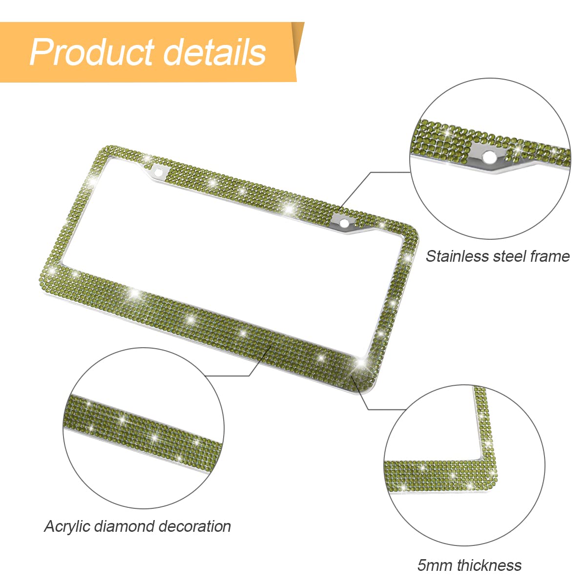 Yalok Bling Car License Plate Frame, Sparkly Rhinestone Stainless Steel License Plate Cover/Holder, Universal For Most Cars, Suvs, Vehicles With Screw Set, Auto Accessories For Women (Light Green)