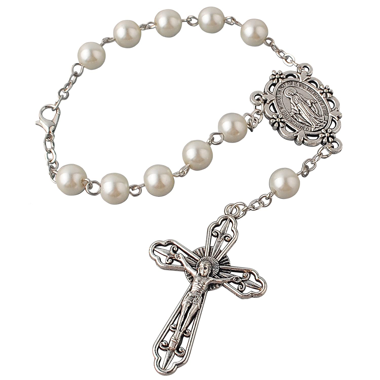 HanlinCC One Decade Catholic Auto Rosary with Miraculous Medal Hang on Car Mirror Rearview (Anti-Silver Auto Rosary)