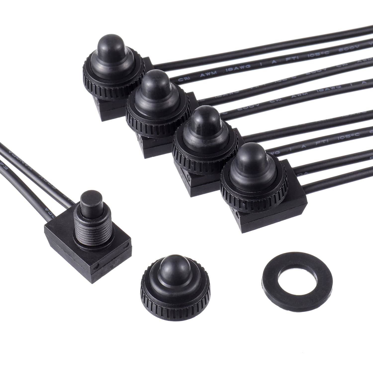 EPLZON KP-107 Waterproof Push Button Switch 12V ON/Off SPST Switch with 4.5''Lines for Motorcycle/Car(Pack of 5pcs,Black)