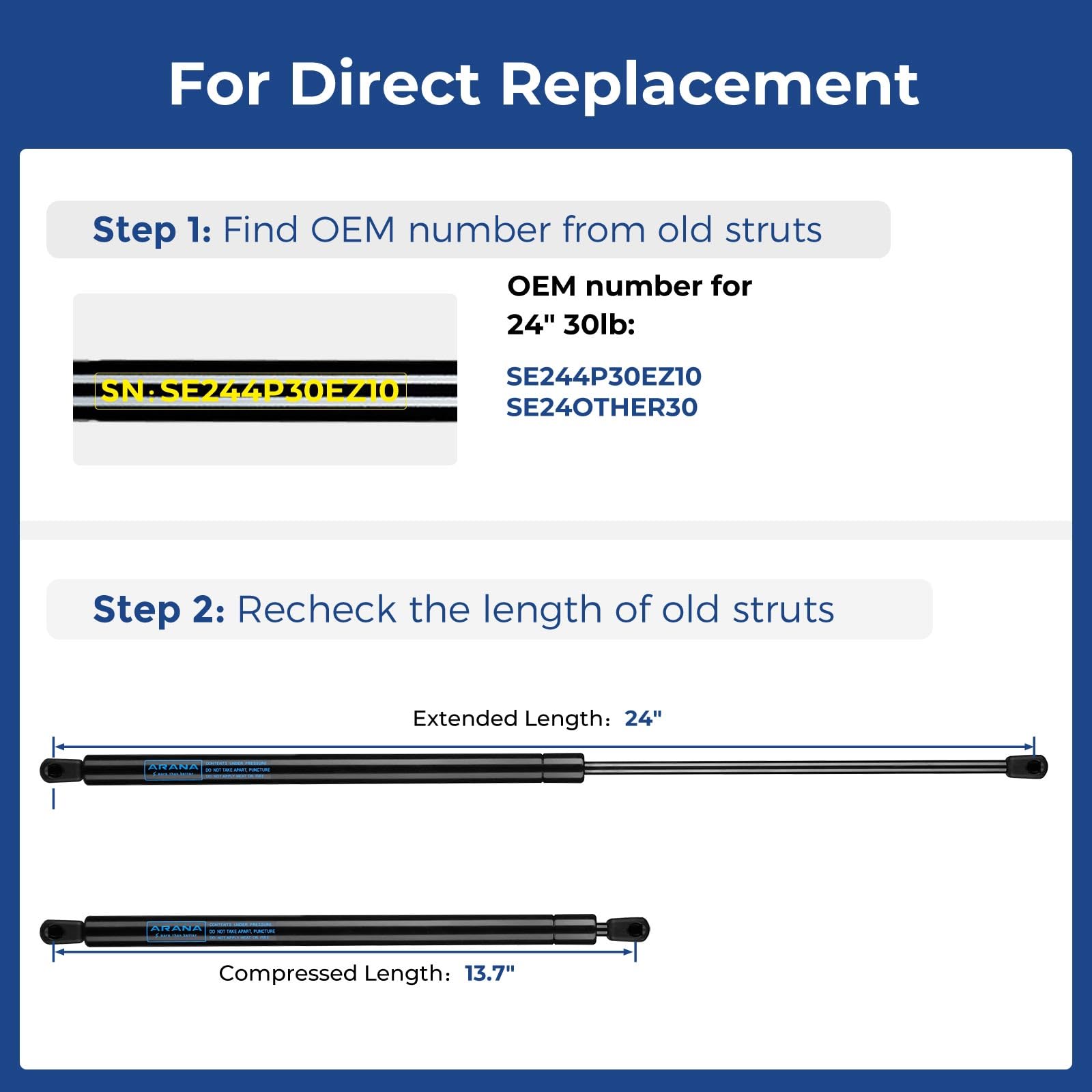 Arana Se244P30Ez10 Gas Struts 24 Inch, 24 Inch 30Lb/134N Gas Shock, Se24Other30 24 '' 30Lb Gas Struts For Heavy Duty Lid Camper