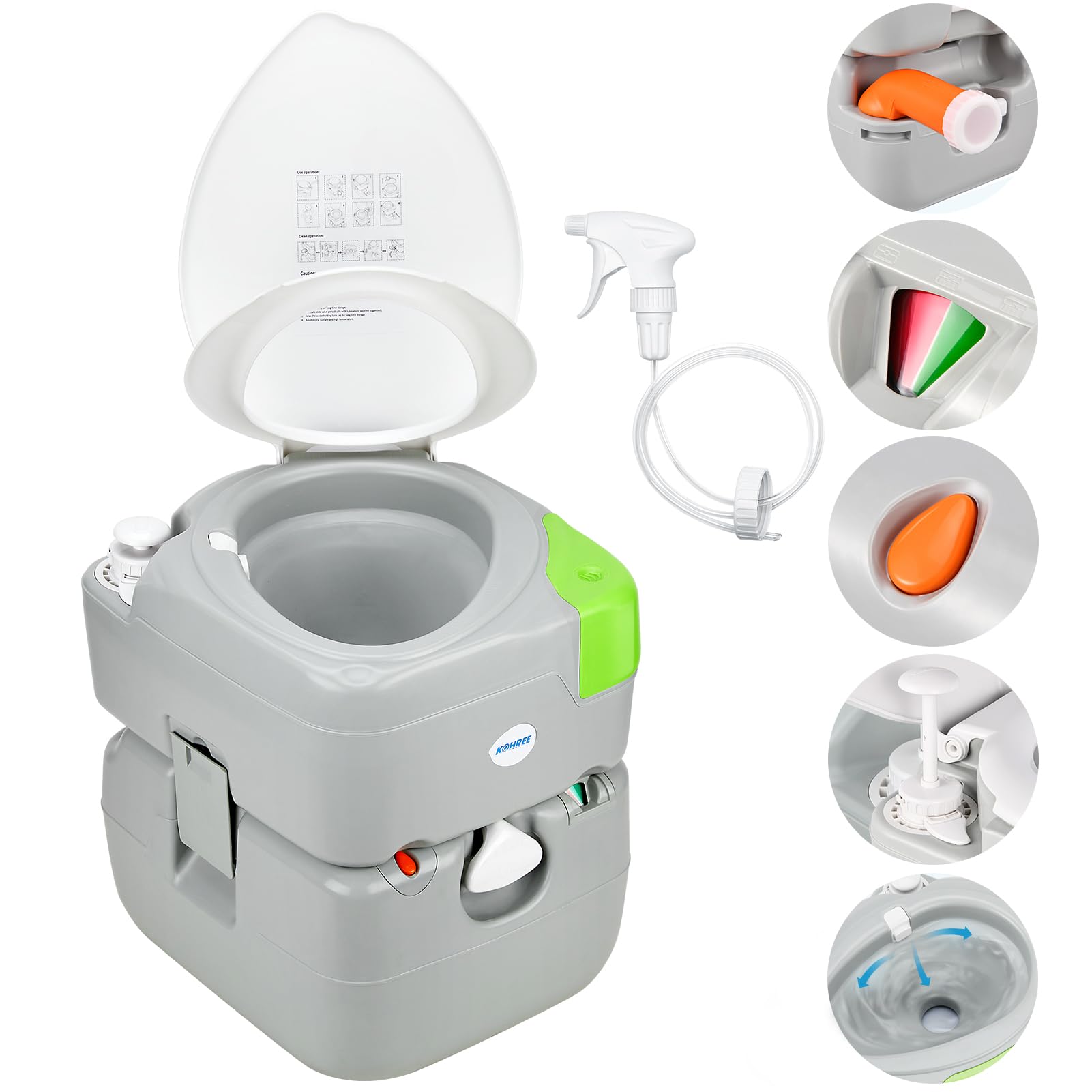 Kohree 5.8 Gal Camping Toilet: Portable Toilet for Adults with Diagonal Elongated Bowl Seat, Large Waste Tank, Leak-Proof Casset