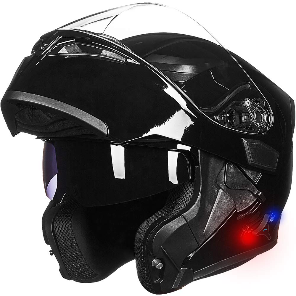 Ilm Bluetooth Motorcycle Helmet Modular Flip Up Full Face Dual Visor Mp3 Intercom Fm Radio Dot Model 902Bt(Gloss Black, L)