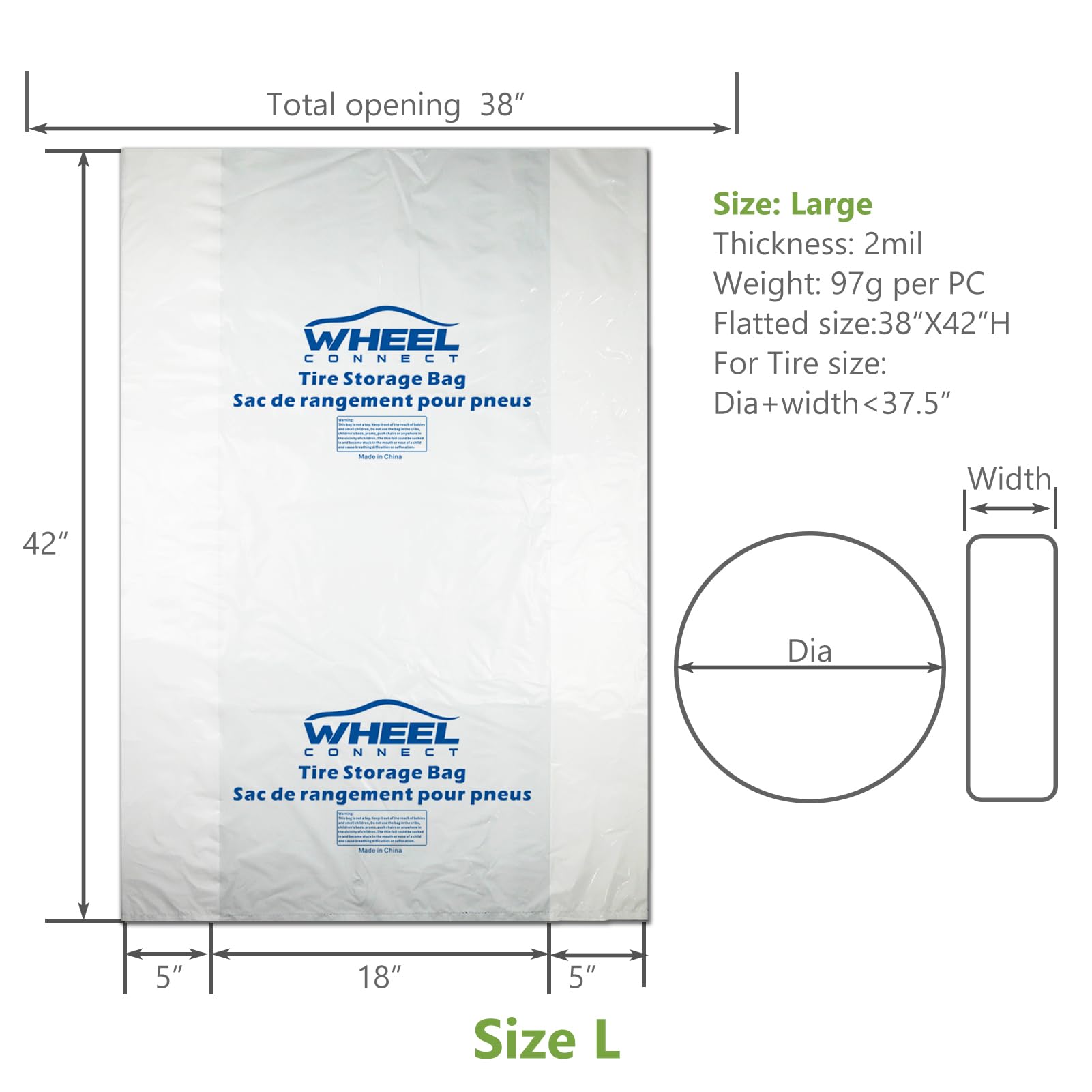 Wheel Connect Tire Storage Bags. Made Of Polyethylene Ldpe Plastic, Large 38   X42   H, White, Pack Of 8Pcs. L.