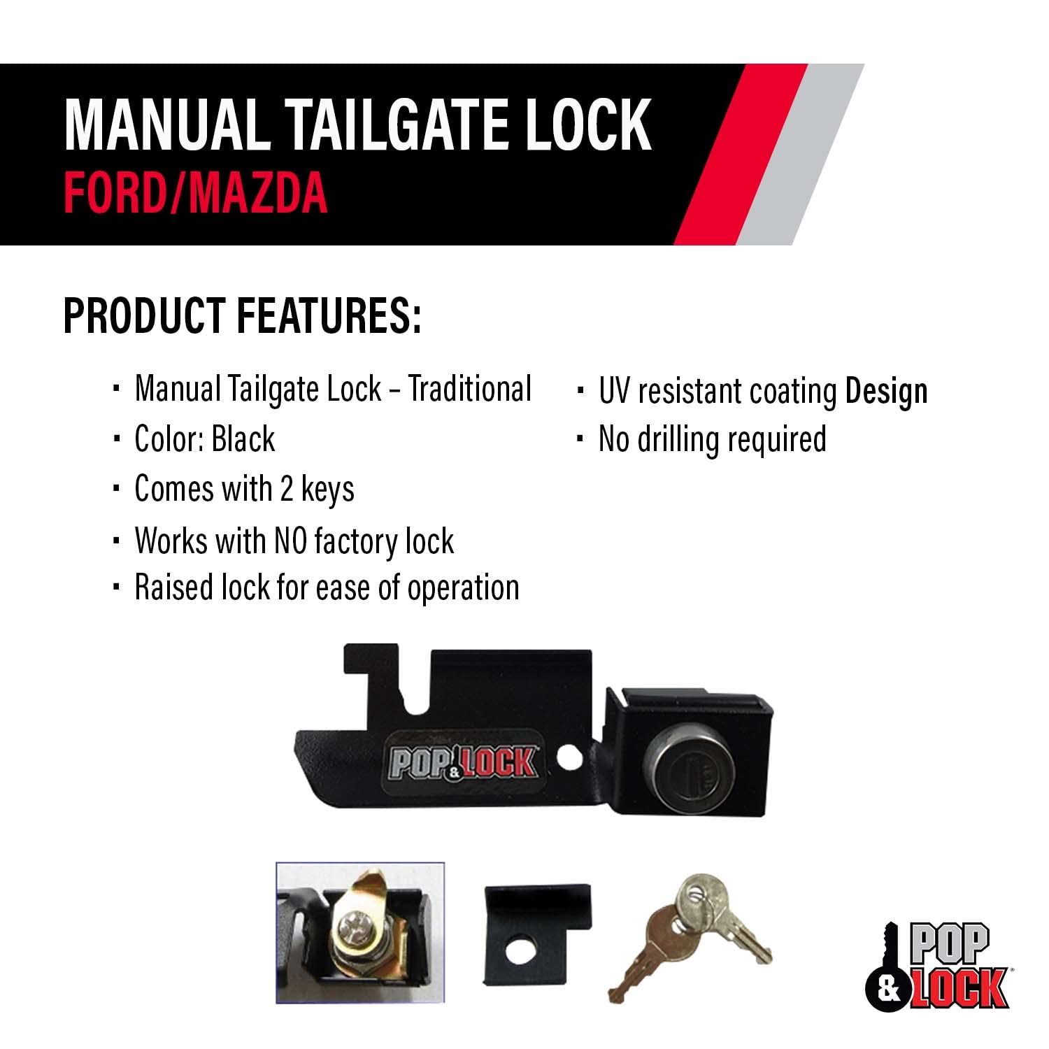 Pop & Lock Tailgate Lock for Ford F150 (1987-1996) - Black, Model PL2310, Easy to Install, Anti-Theft, Durable Plastic