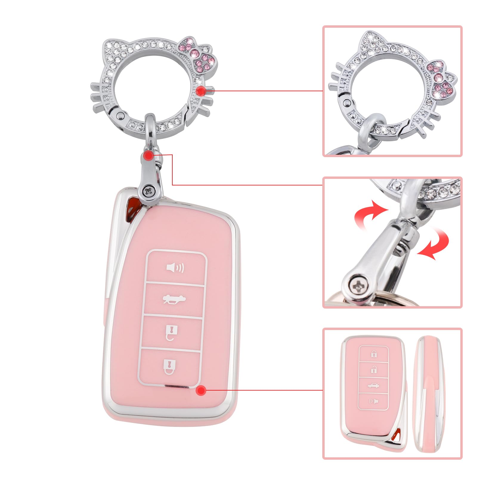 Pangpai Pink Key Fob Cover for Lexus, Soft TPU Key Case Protection with Bling Keychain Fit for Lexus RX ES GS LS NX RS GX LX RC