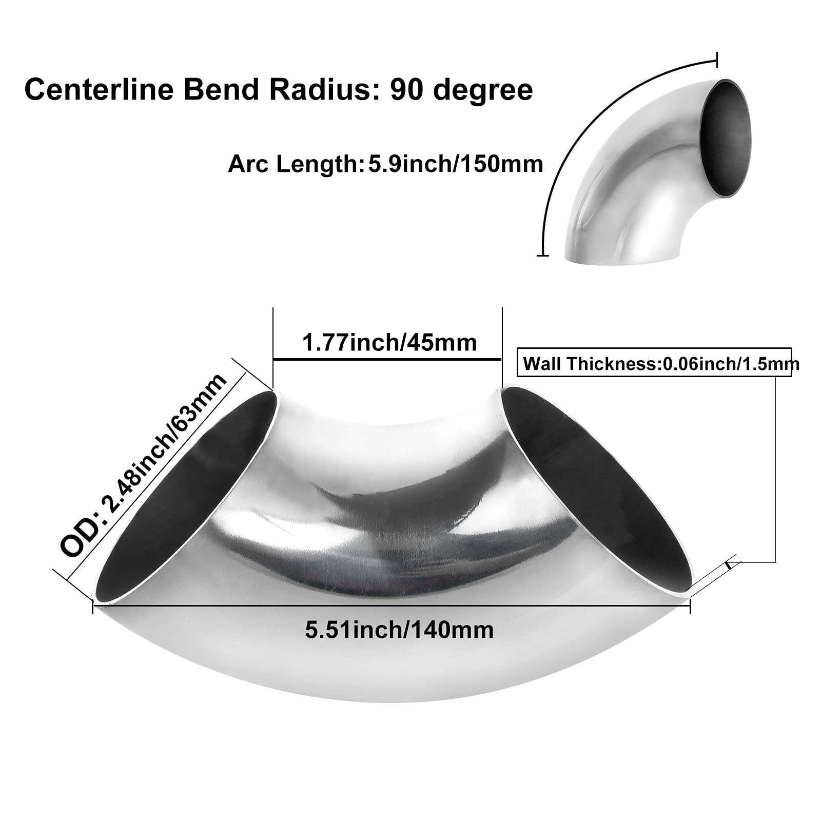 4 Pack 304 Stainless Steel Mandrel Bend Elbow, 90 Degree Exhaust Elbow Pipe, 2.5 Inch Od Mandrel Elbow, Thickness 16Ga/.065' For Car Modified Exhaust Elbow Pipe, Stair Handrail, Exhaust System