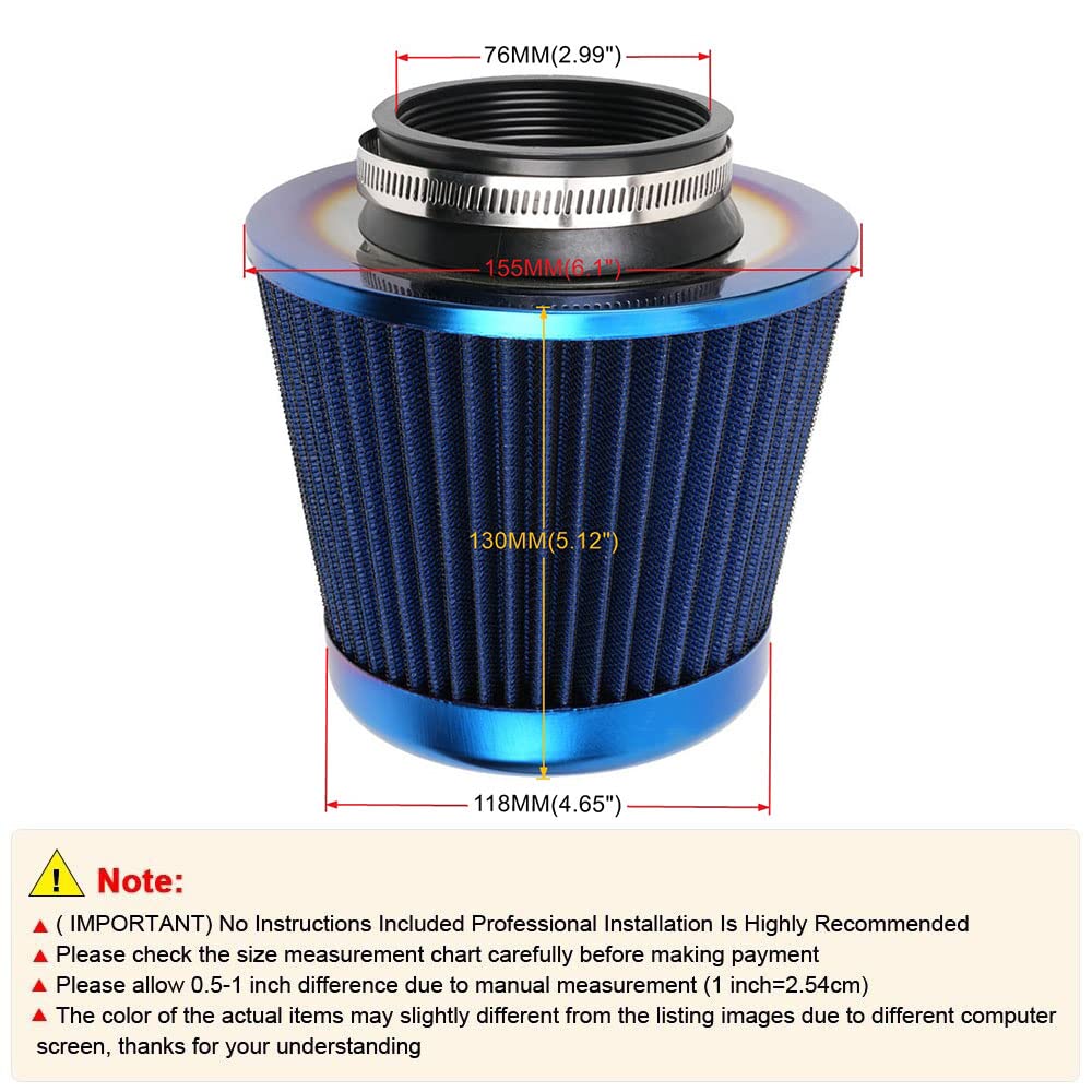 muge racing Universal Clamp-On Air Intake Filter, 3" Flange, Washable, High Performance, Blue, Model OFI074-Burn+BL