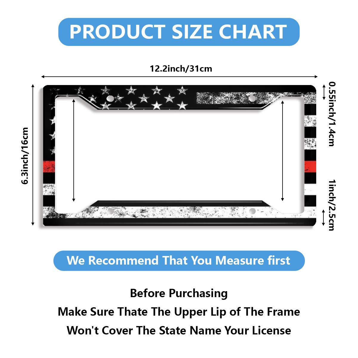 Personalized License Plate Frame Metal Aluminum Red Line Flag Firefighters License Plate Cover Car Tag Holder With 4 Holes And Screws For Women Men Auto For Usa Canada Vehicles Standard(12X6)