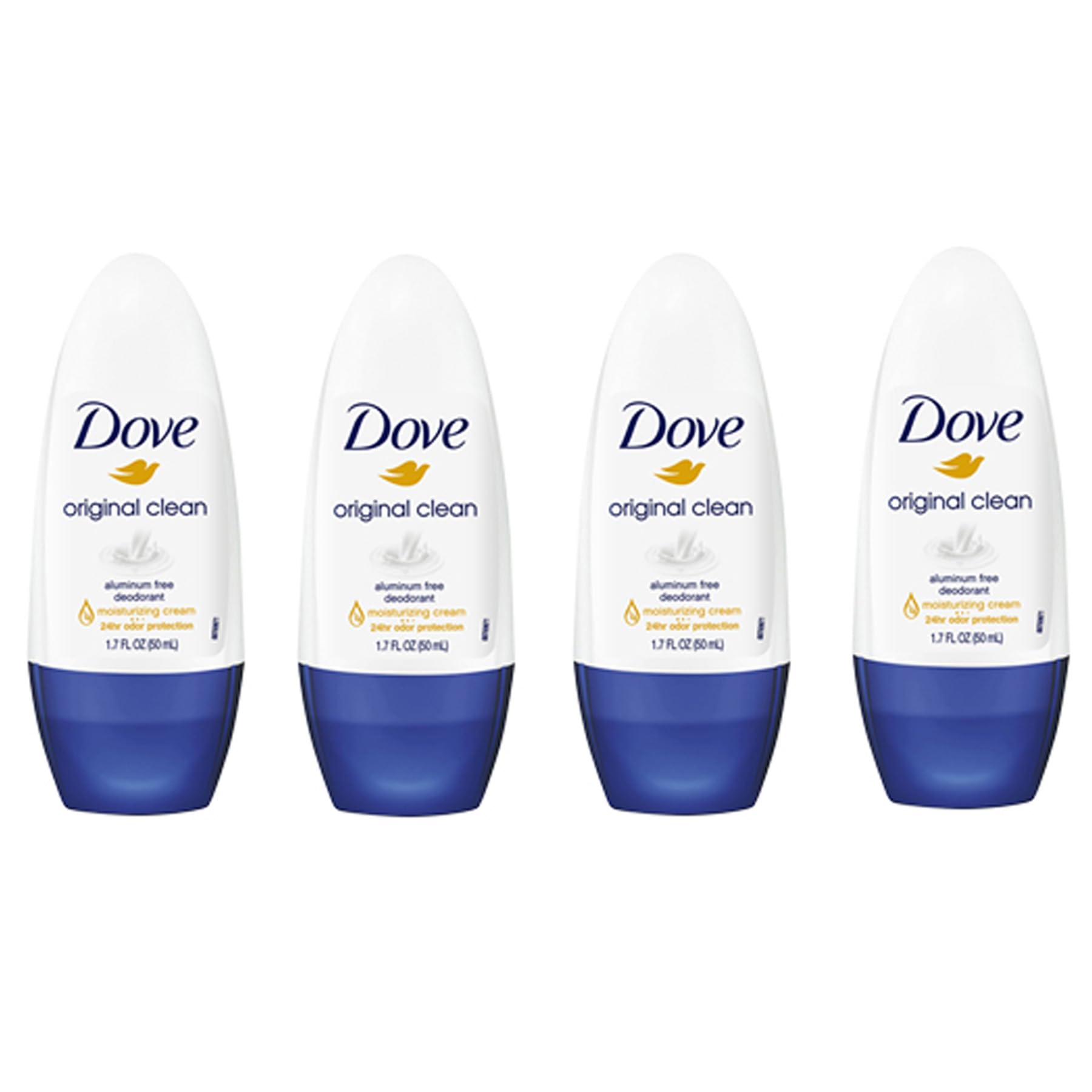 Dove Original Clean Roll On Deodorant  Aluminum Free  All Day Odor Protection  4-Pack  1.7 FL Oz Each  4 Bottles-New