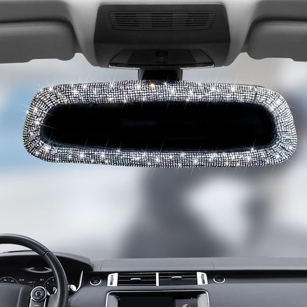 Beaumile Bling Rearview Mirror Accessories Elastic Plush Car Rear View Mirror Cover For Women Bling Car Accessories Universal Fit White