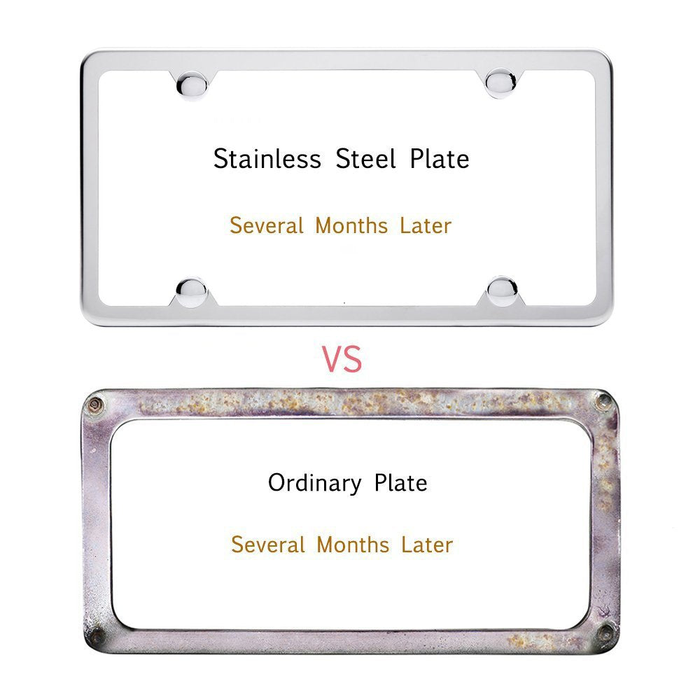Indeed BUY Slim Stainless Steel License Plate Frames - 2 Pcs, 4 Holes, Polish Mirror Finish, Silver with Chrome Screw Caps