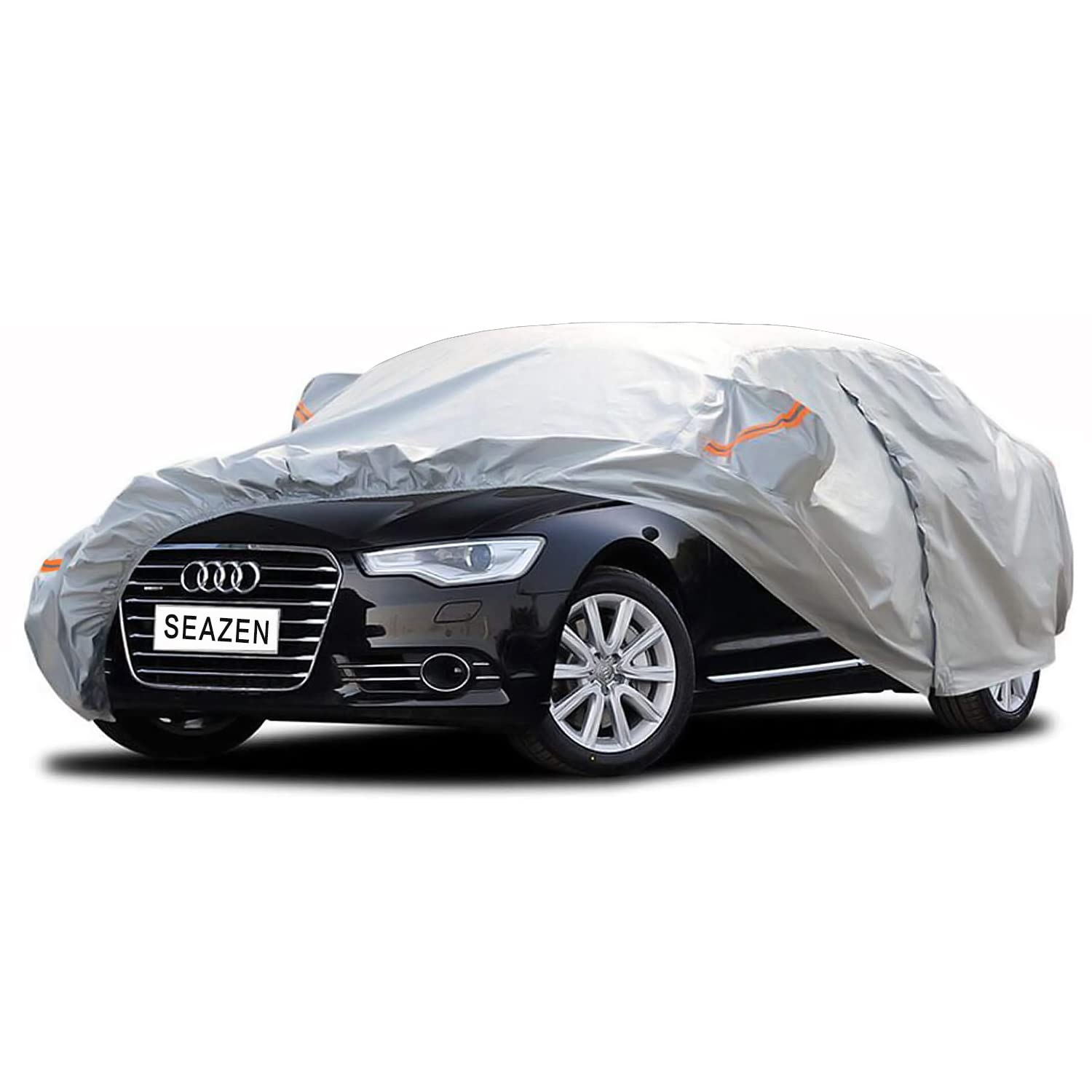 Seazen Car Cover 6 Layers, Waterproof Sedan Car Cover With Zipper Door, Snowproof/Uv Protection/Windproof, Universal Car Covers Breathable Fabric With Cotton (185 To 200)
