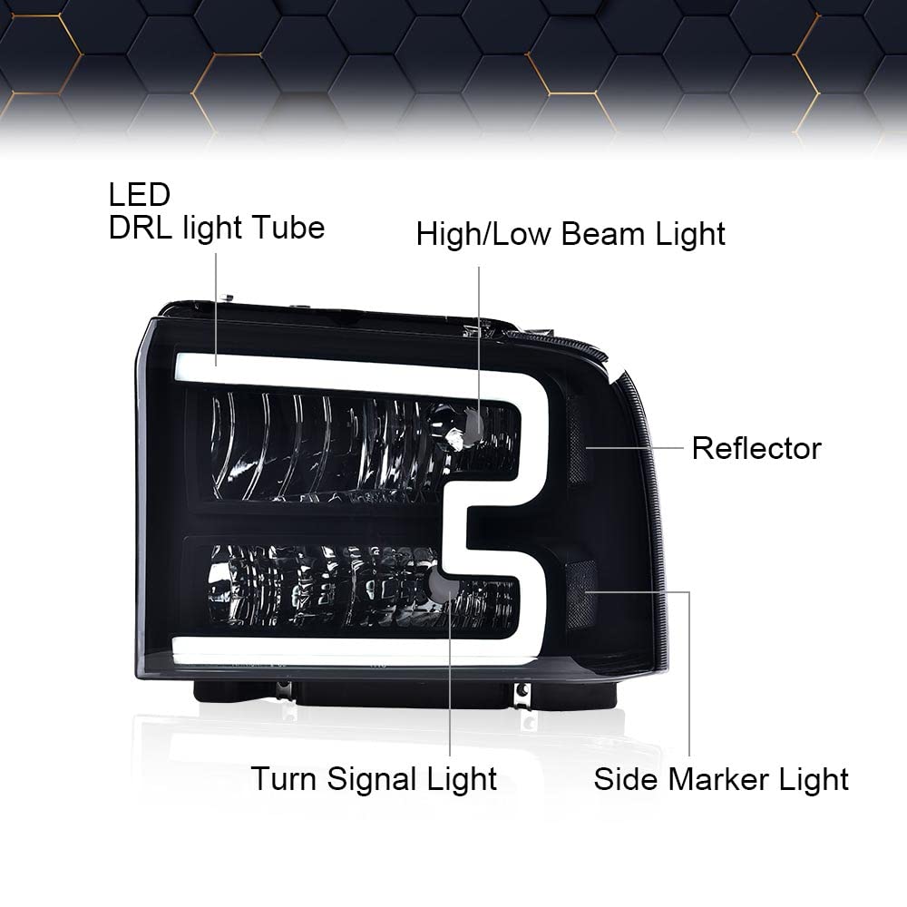 Pit66 Led Drl Headlight Compatible With Ford F250 F350 F450 F550 Super Duty 2005-2007 / Compatible With Excursion 2005 6C3Z13008