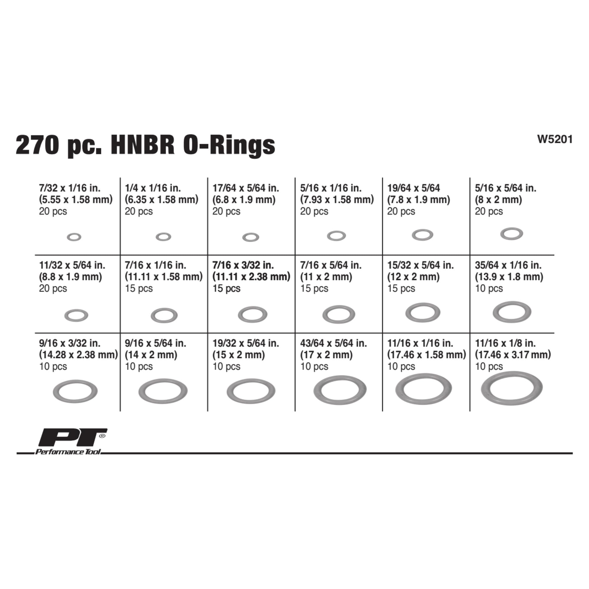 Performance Tool W5201 Hnbr O-Ring Assortment In Organizing Case For Vehicle And Tool Repair (270-Pc)