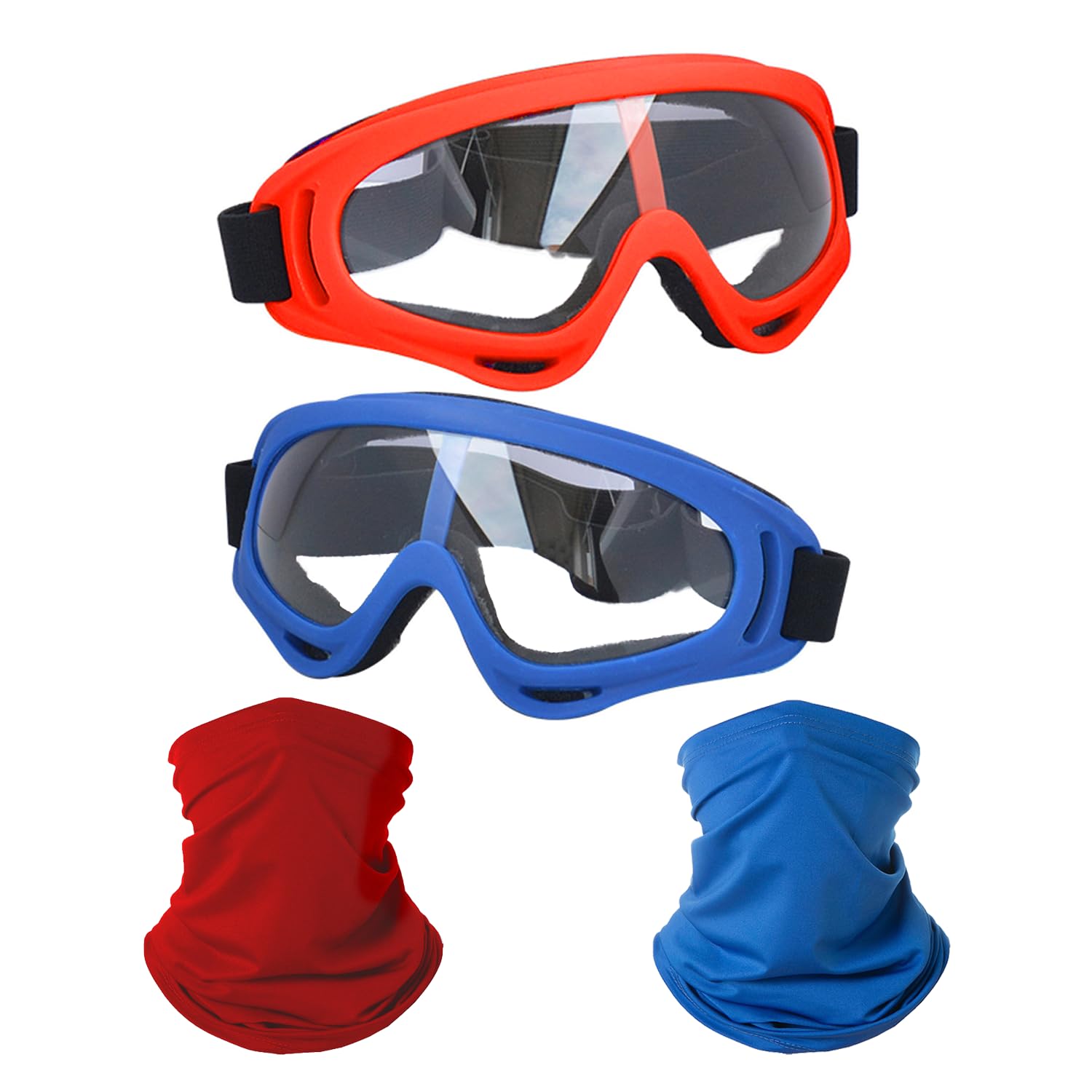 Ljdj Motorcycle Goggles,2 Pack Dirt Bike Atv Motocross Riding Hiking Protective With 2 Pack Neck Breathable Bandana Mask (Red +