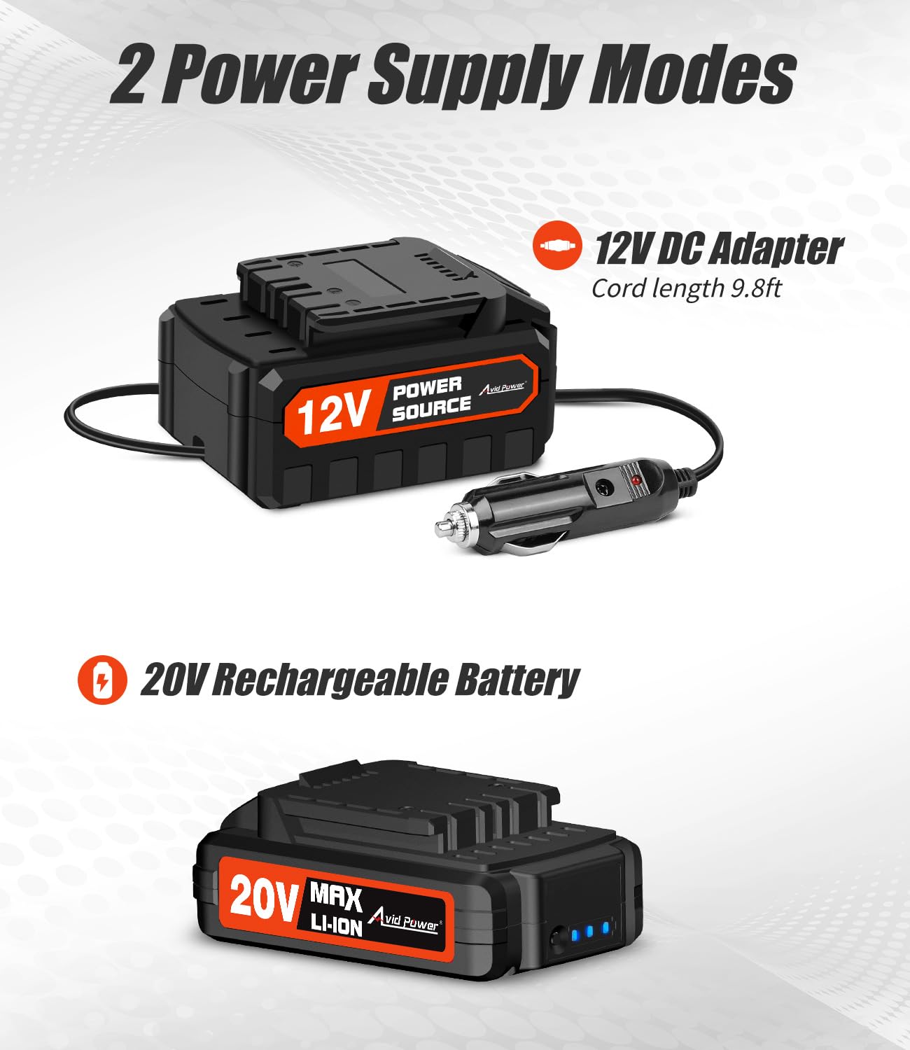 Avid Power Tire Inflator Air Compressor, 20V Cordless Car Tire Pump With Rechargeable Li-Ion Battery, 12V Car Power Adapter, Dig