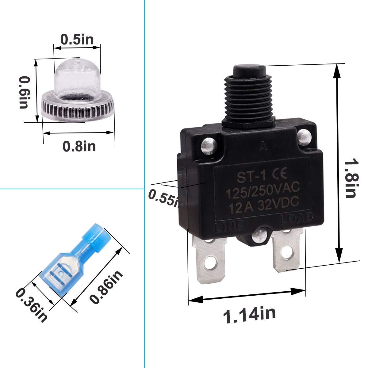 mxuteuk 5Pcs 12Amp Circuit Breakers Push Button Manual Reset 125/250V AC 32V DC,Overload Protector Switch Thermal Circuit Breake