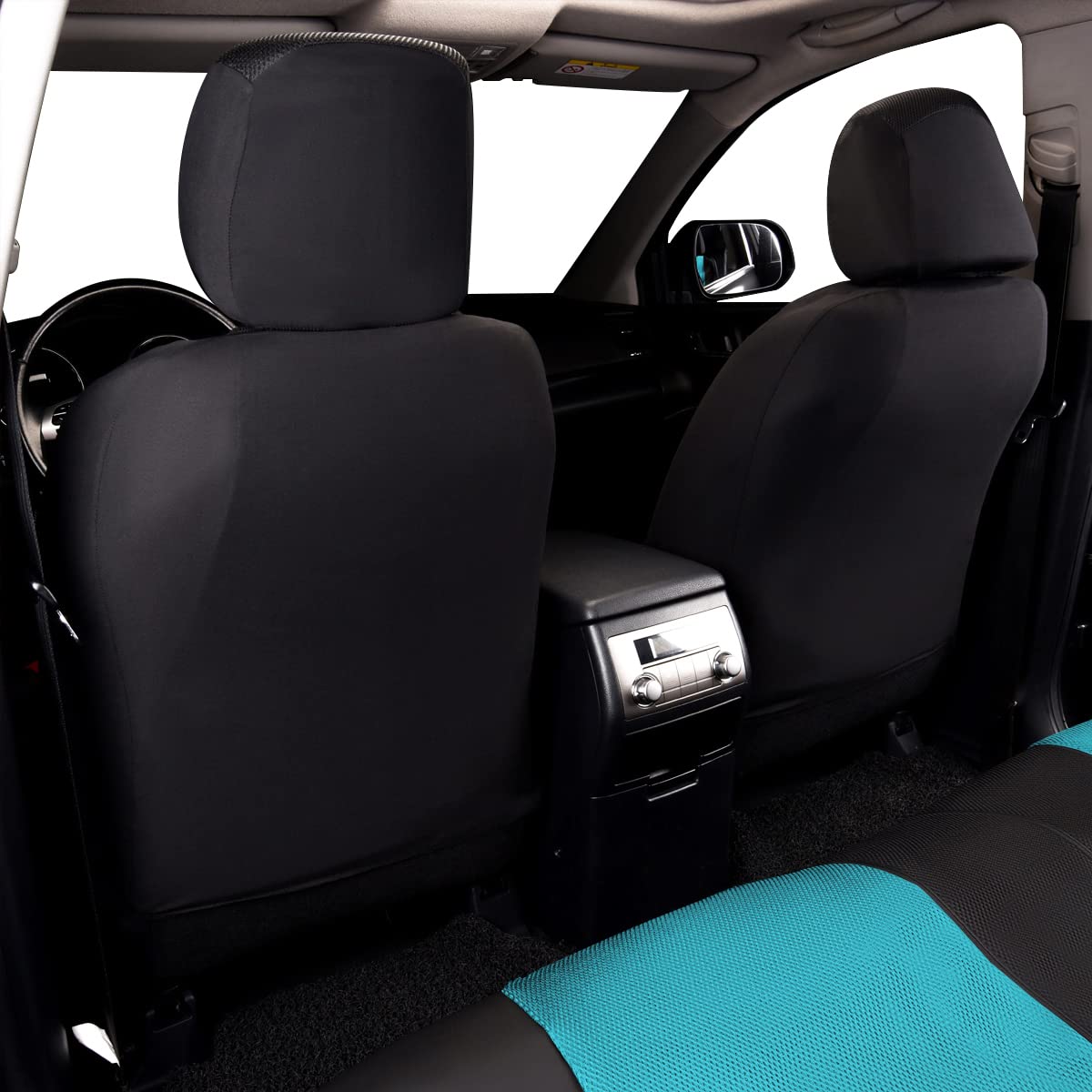 Flying Banner Car Seat Covers Full Set Faux Leather Air Mesh Breathable Man Lady Airbag Compatible Rear Bench Split 40/60 50/50 60/40 Truck Pick Up (Full Set - Low Back, Black Mint Blue)